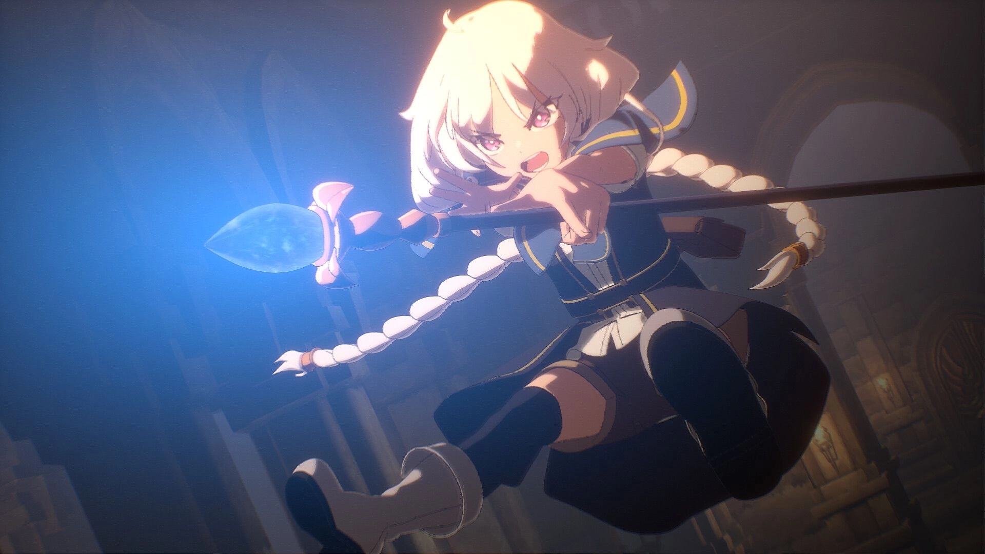 Bless You Again: Lily mid-air casting spell with glowing staff in dimly lit Tomb of Blessings dungeon