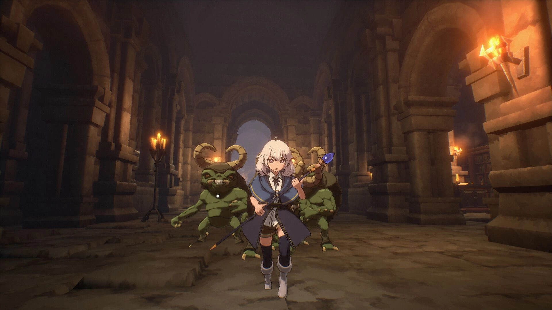Bless You Again: Lily runs through dungeon corridor pursued by green monsters with torches illuminating.