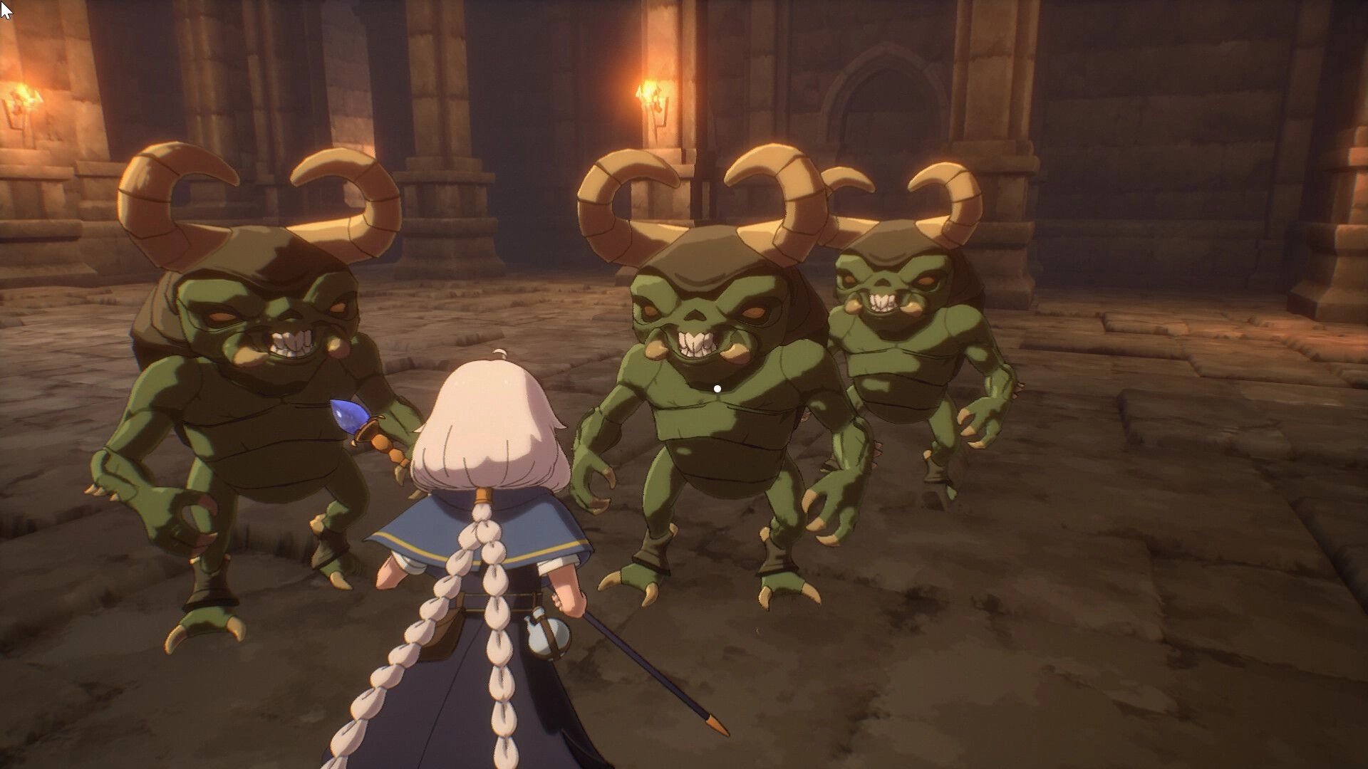 Bless You Again: Lily confronts three horned monsters in the dimly lit stone hall of the Tomb of Blessings.