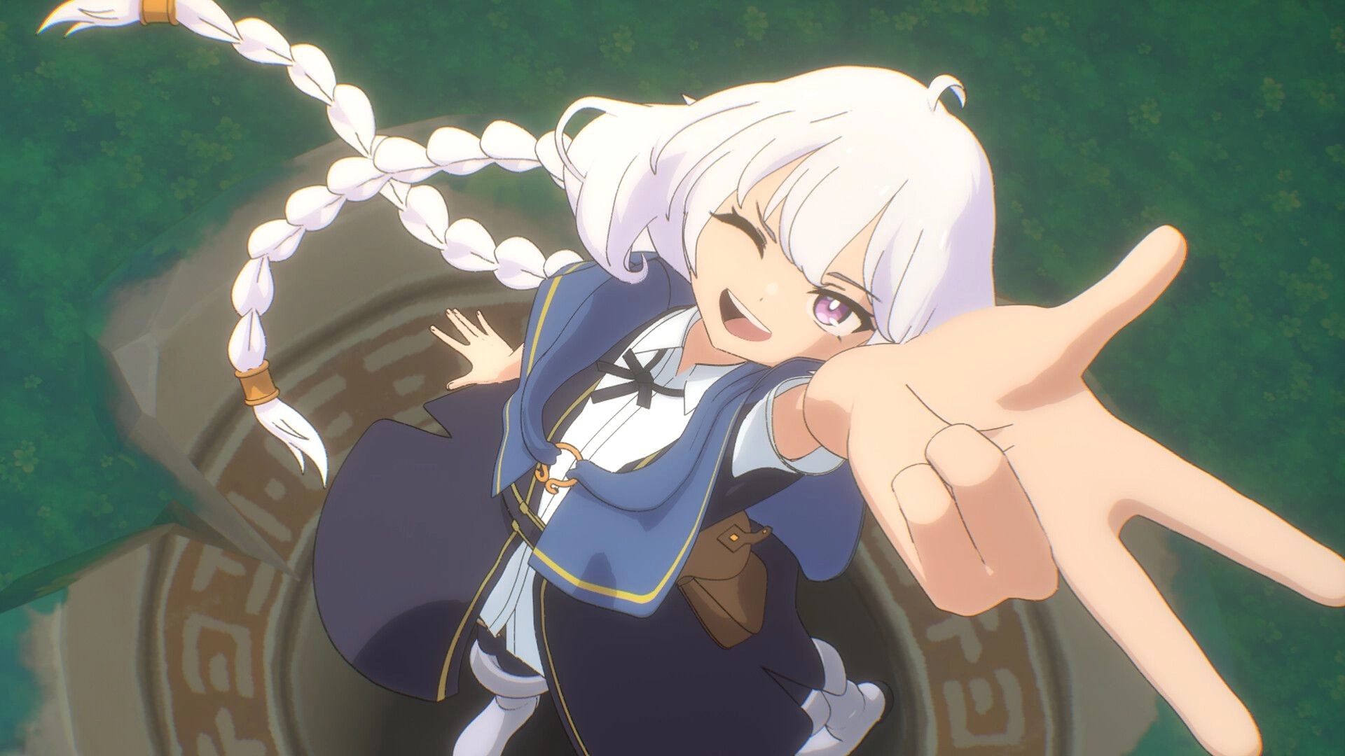 Bless You Again: Lily winking and reaching out in cel animation style above the Tomb of Blessings entrance