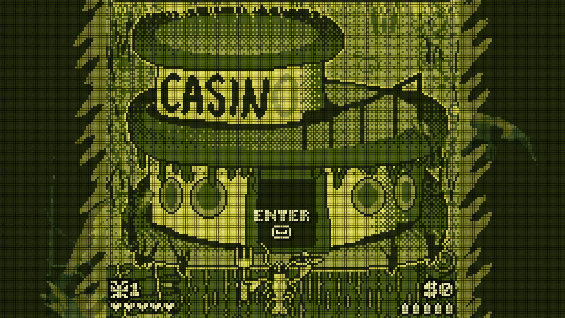 Bleu Bayou: Casino entrance screen with ENTER prompt, skull icons, and swampy pixel backdrop.