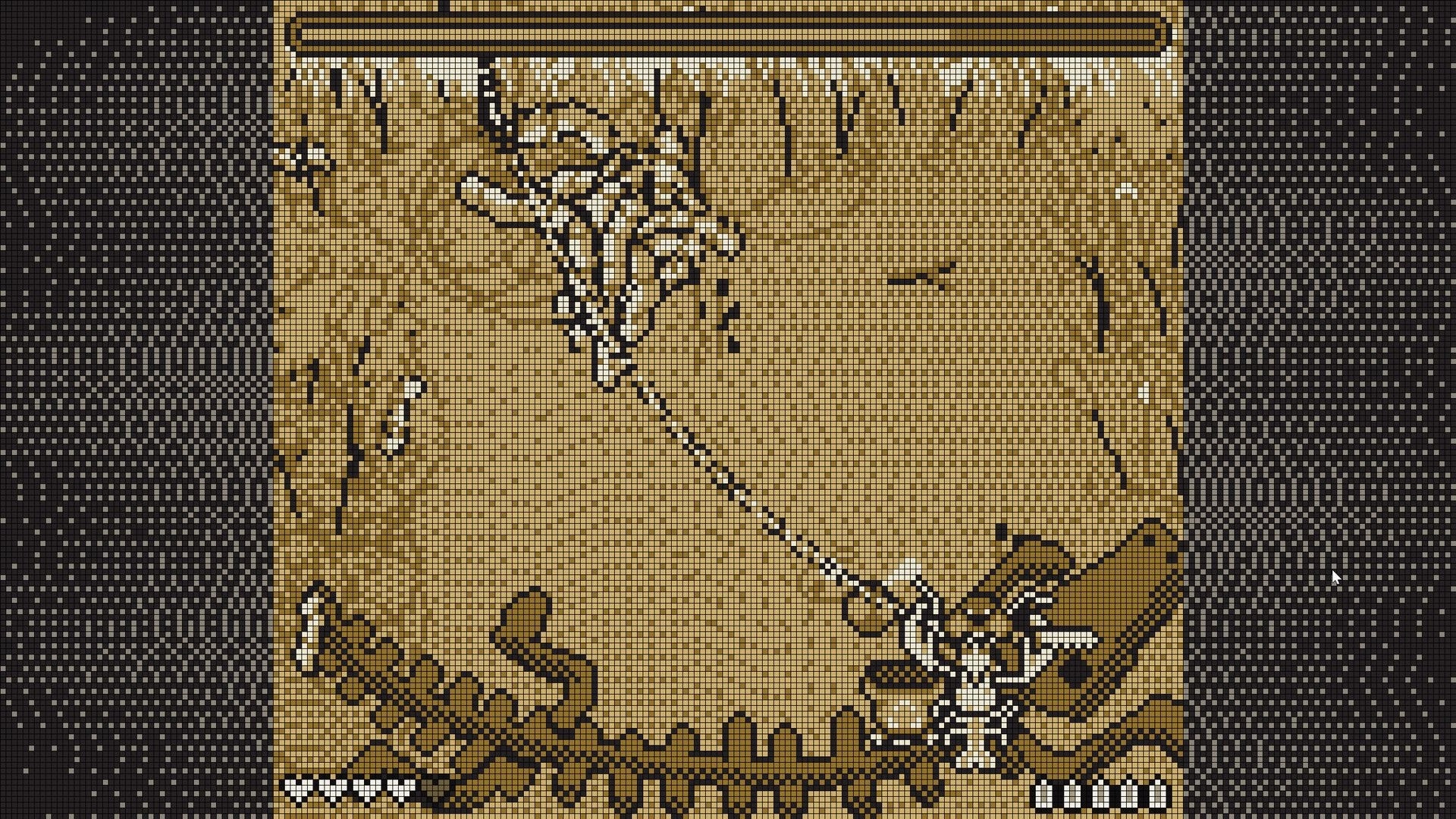 Bleu Bayou: Sepia pixel-art map screen with a dotted travel line between icons on parchment background.