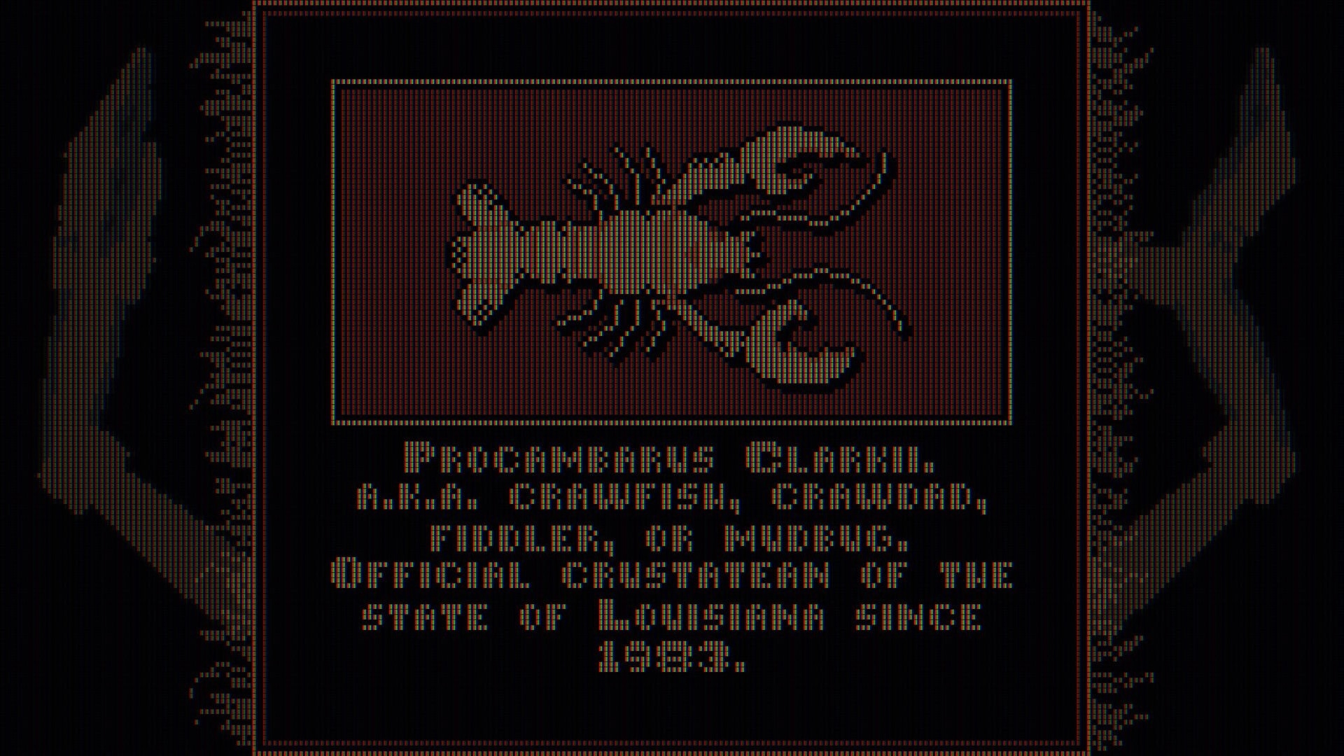 Bleu Bayou: Pixel art crawdad emblem with bio text on a retro CRT-style profile card screen.