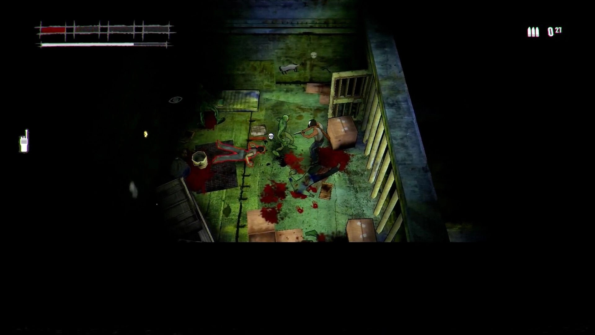Blight Night: Player confronts zombies in blood-splattered room with health bar and ammo count displayed.
