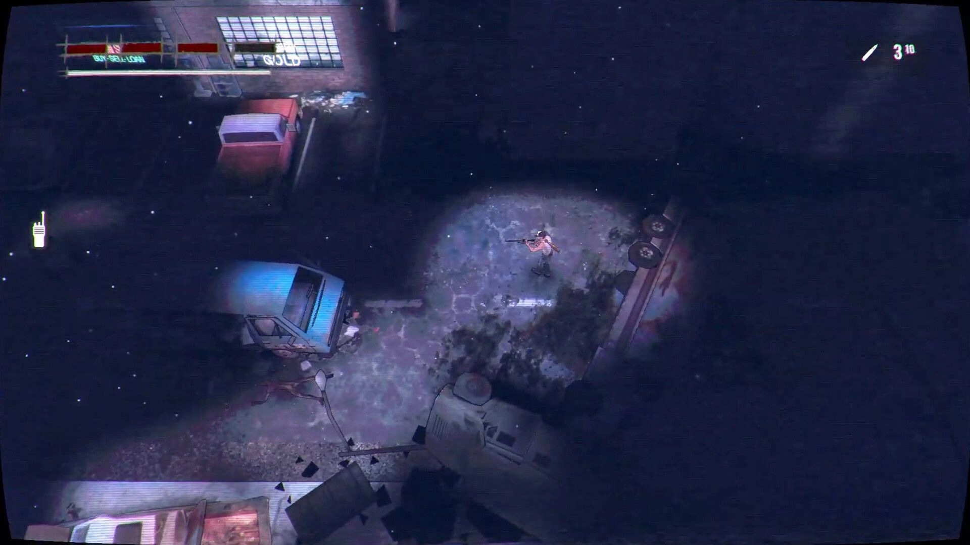 Blight Night: Character with flashlight explores dark alley surrounded by abandoned vehicles and debris