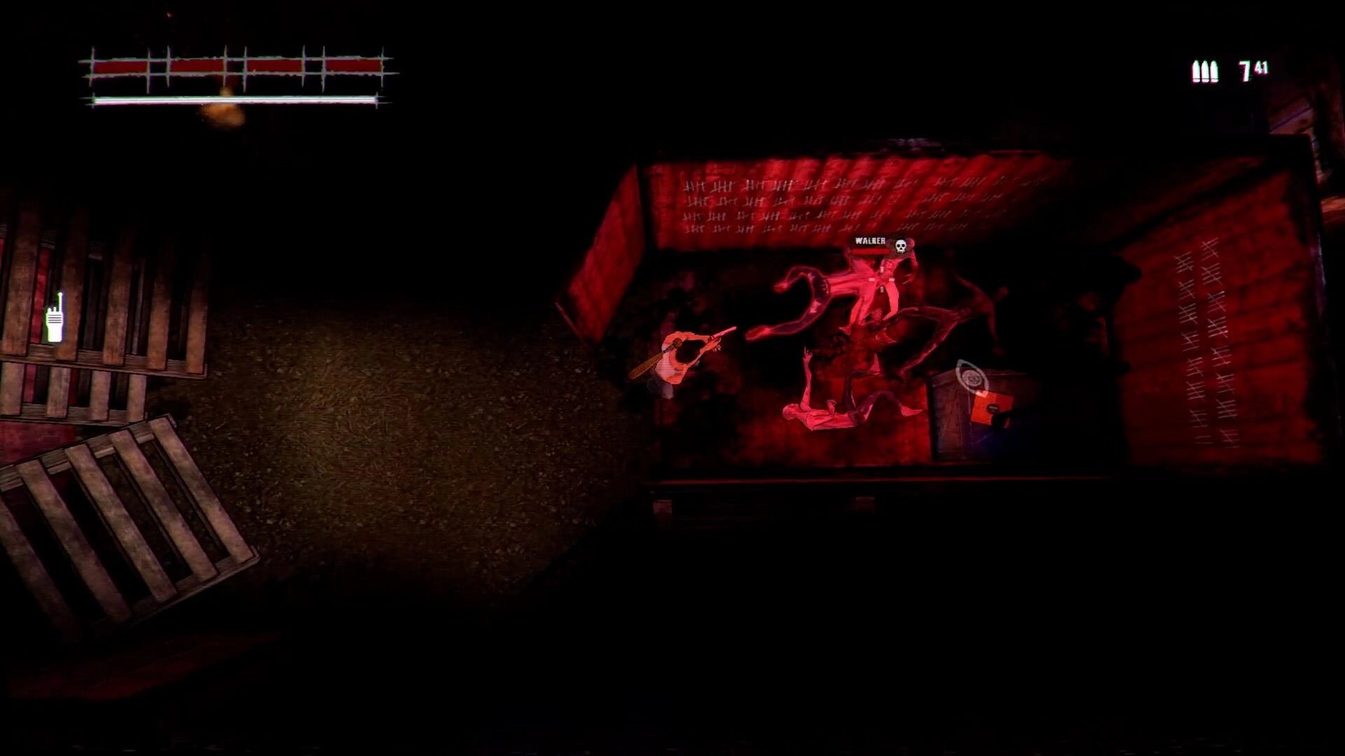 Blight Night: Player battles walker in dimly lit room with tally-marked walls and scattered crates.