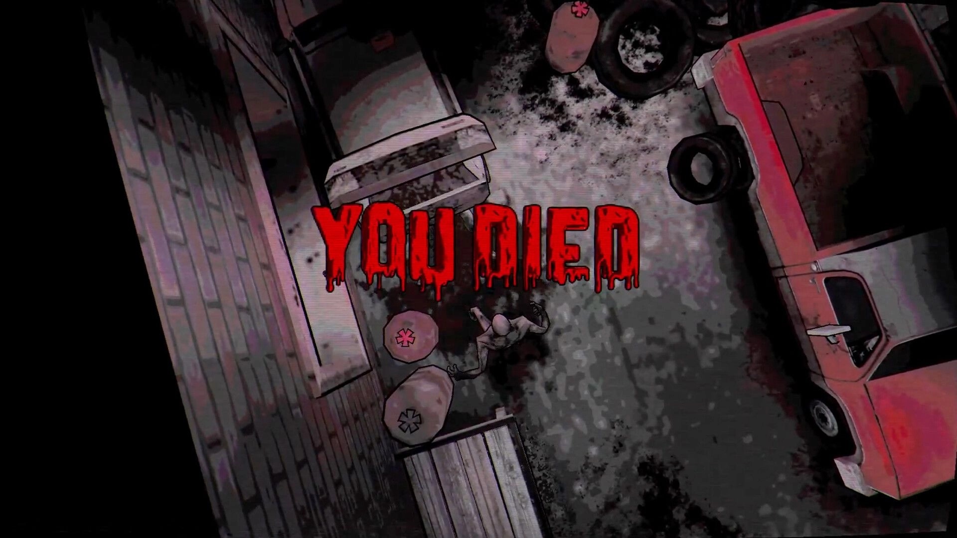 Blight Night: "YOU DIED" screen with character near red car in a dark alley with scattered debris