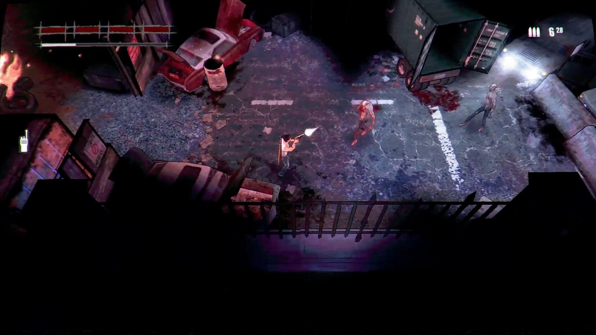 Blight Night: Player shooting zombie near abandoned cars in dark alley with health and ammo HUD