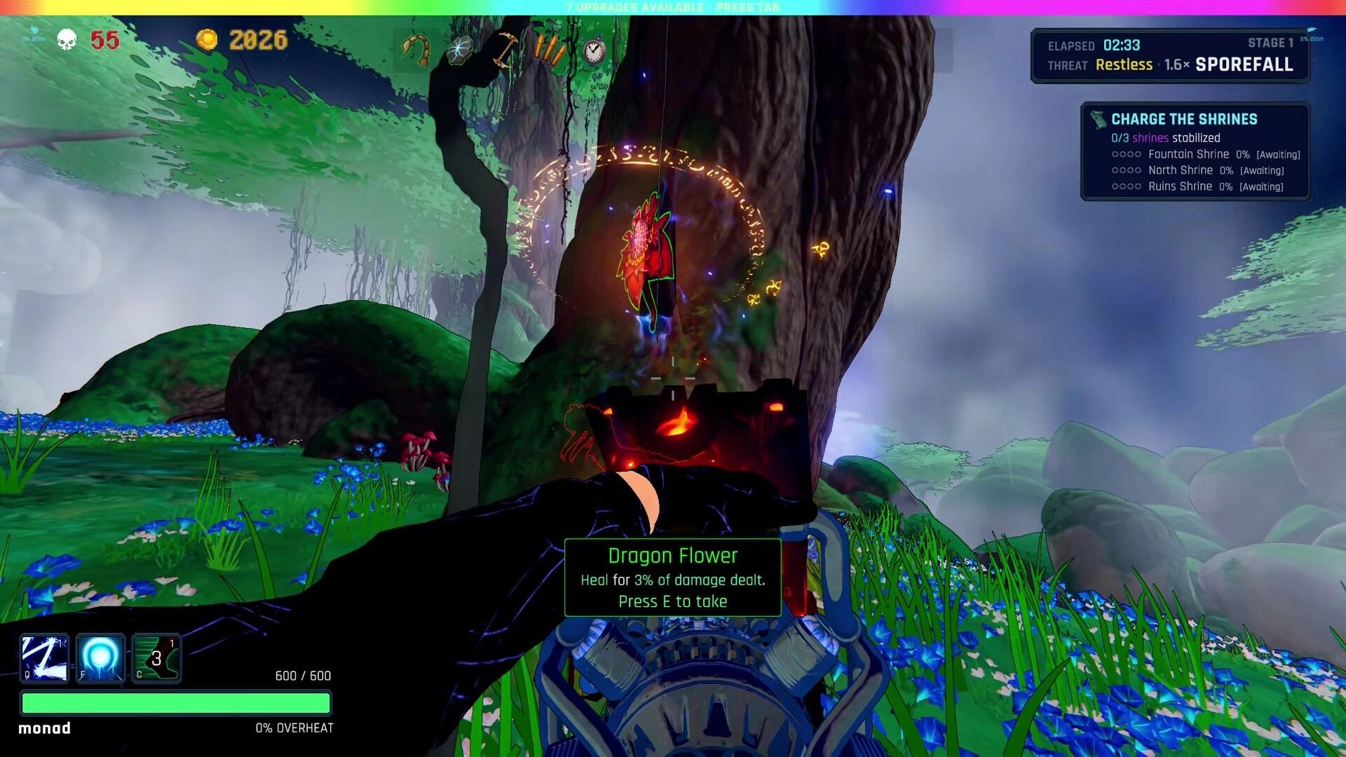 BLIGHTFALL: Player aims at Dragon Flower pickup by a huge tree in misty alien meadow, shrine quest UI.