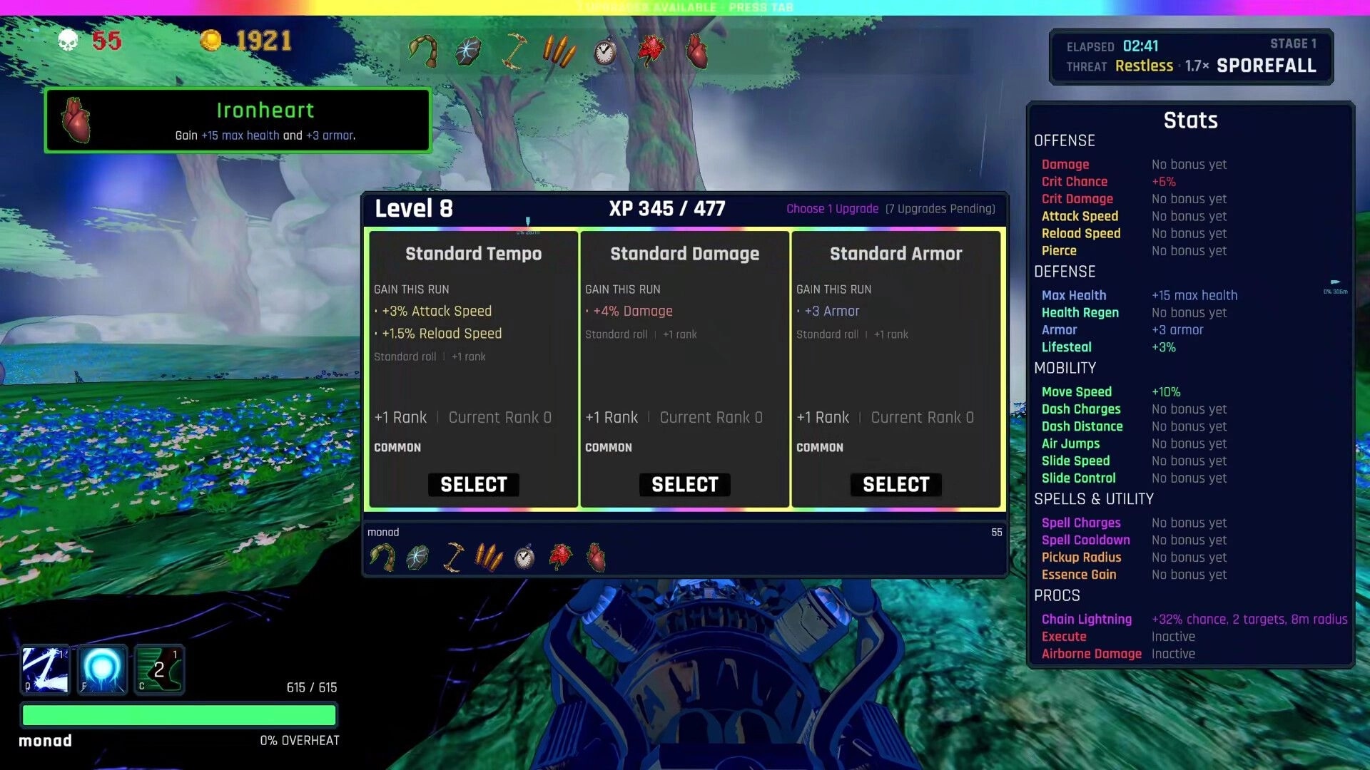 BLIGHTFALL: Level 8 upgrade selection and stats panel over a misty alien forest stage Sporefall.