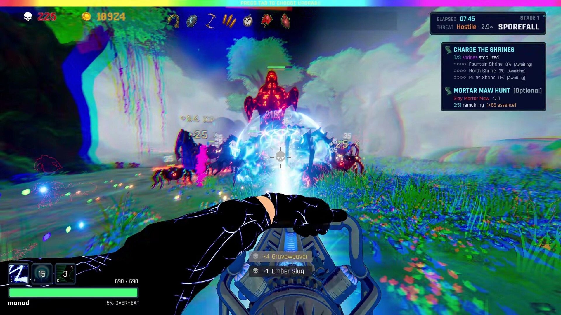 BLIGHTFALL: First-person gunfire at a glowing red enemy amid bugs in neon forest, shrine objectives UI visible.