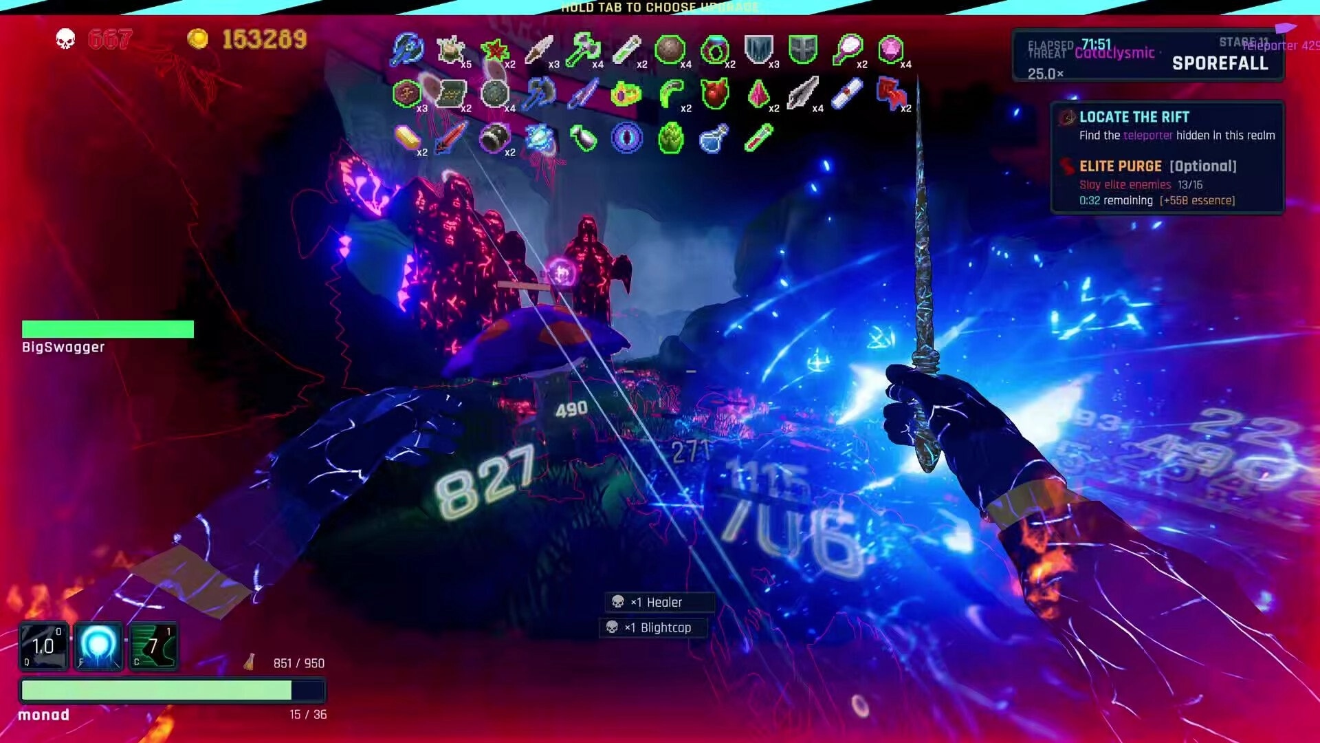 BLIGHTFALL: First-person staff combat amid neon spores, with loot icons and Locate the Rift objective UI.