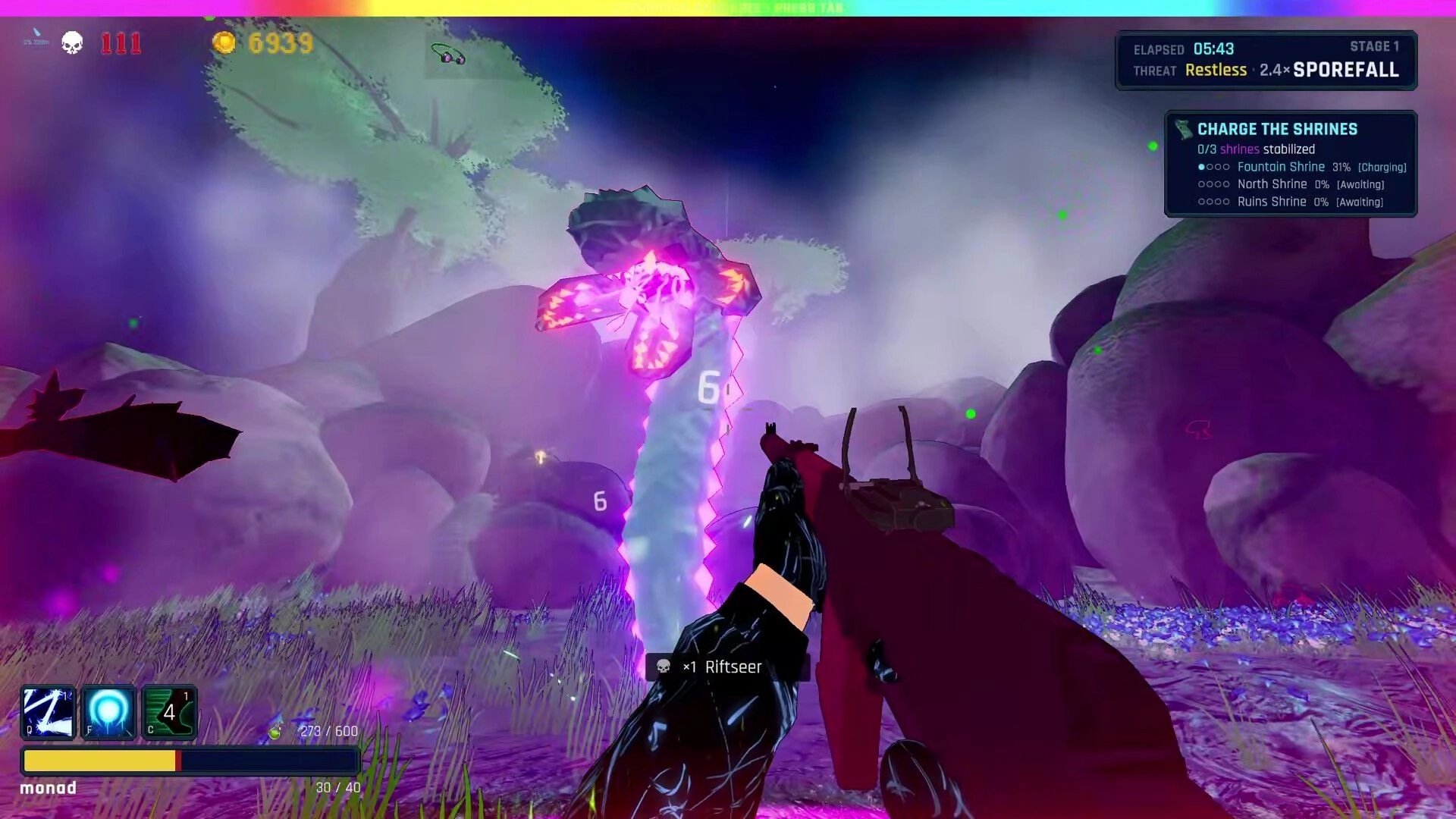BLIGHTFALL: First-person rifle aimed at glowing alien spore stalk, shrine charge objective HUD in misty rocks.