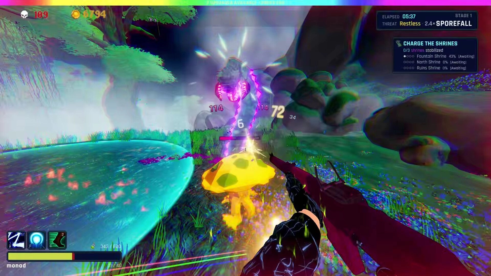 BLIGHTFALL: First-person rifle fire at glowing purple enemy by a shrine pool in neon alien forest HUD.