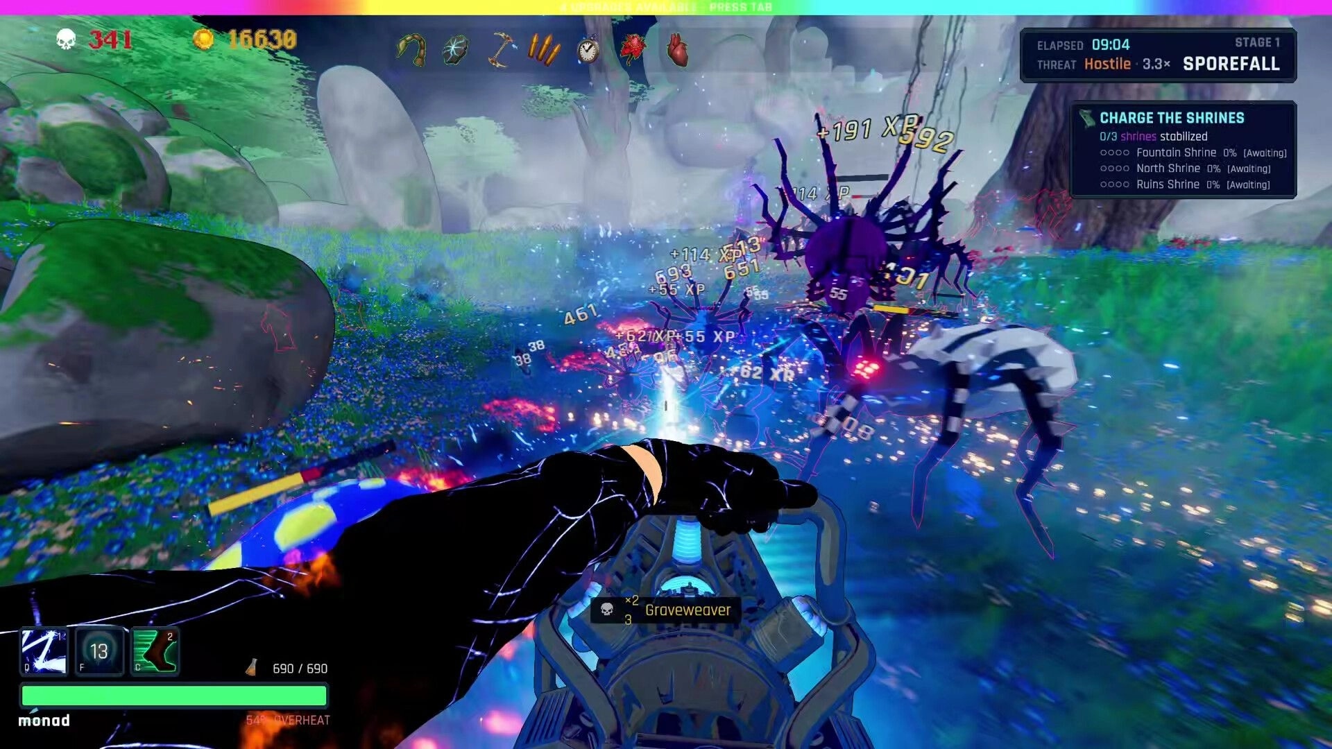 BLIGHTFALL: Firing at spiky alien foes as XP numbers pop in a grassy grove, shrine objectives UI up.
