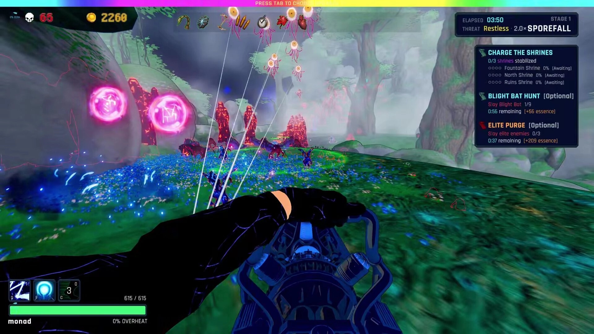 BLIGHTFALL: First-person gunfire at floating eye foes near glowing runes in a misty alien forest stage.