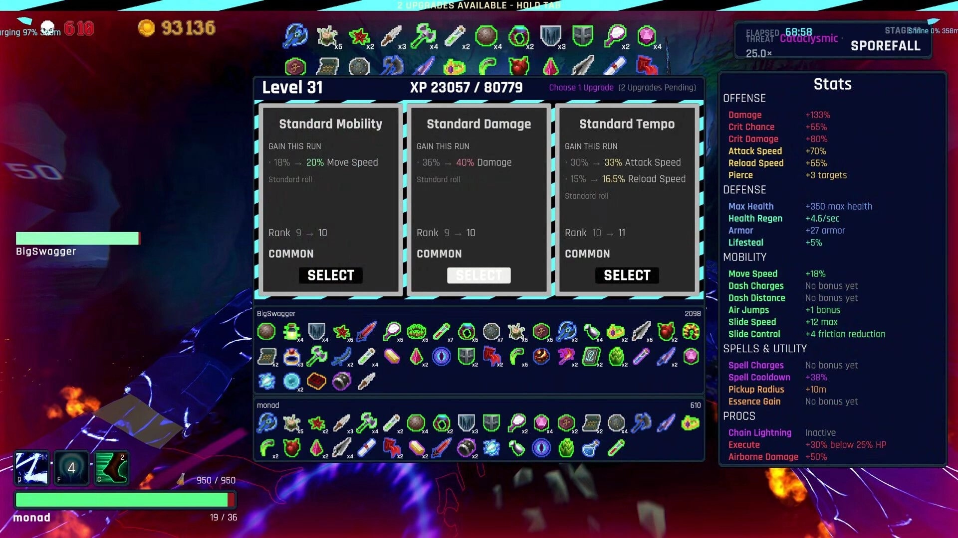 BLIGHTFALL: Level 31 upgrade selection menu with three stat cards and full inventory on neon alien stage.