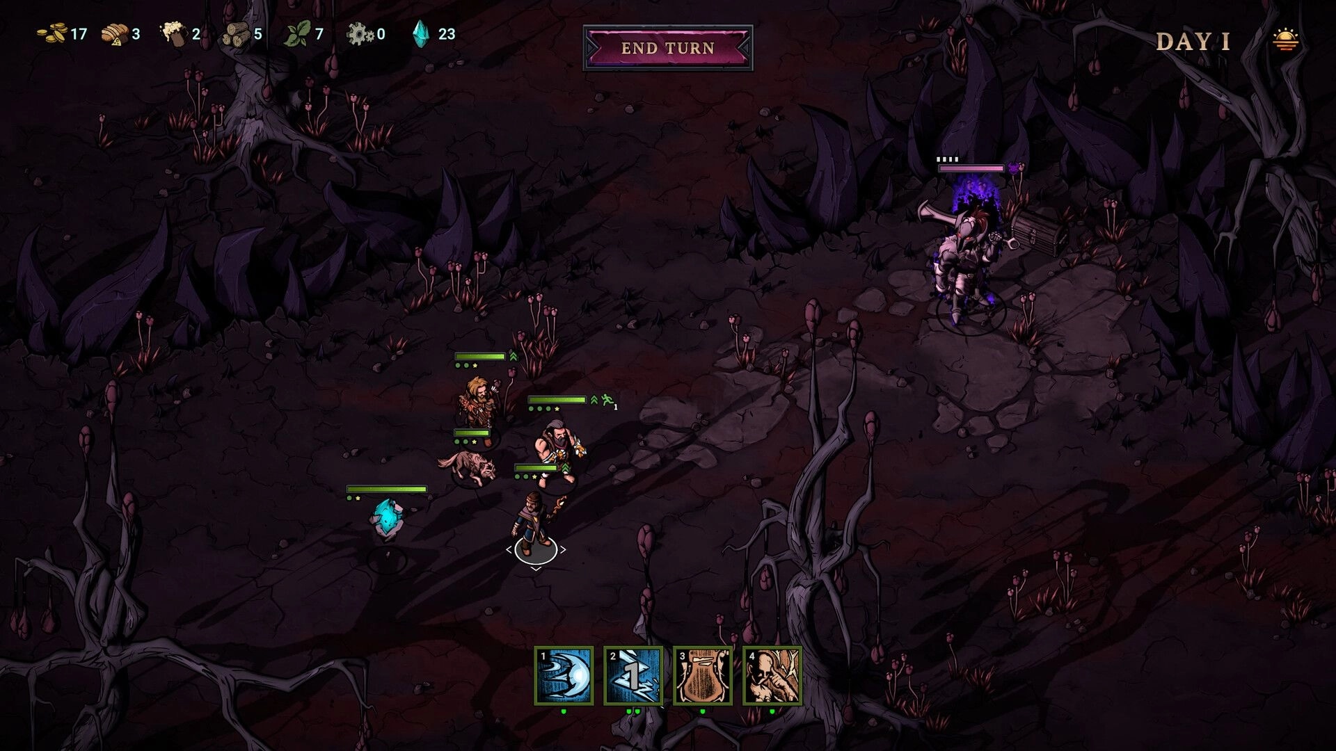 Blightstone: Player team and enemy prepare for combat in a dark, twisted forest on Day 1.