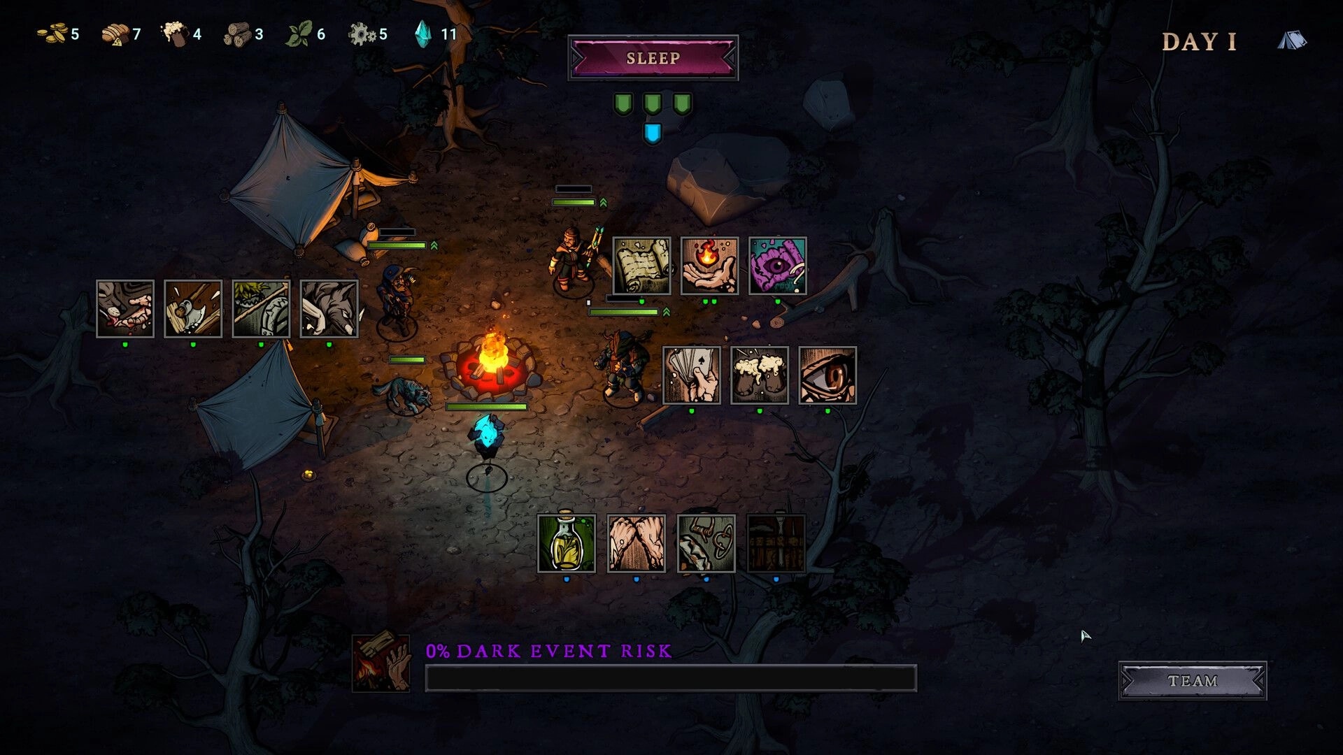 Blightstone: Characters camp by a fire with inventory icons and resources displayed in a dark forest.
