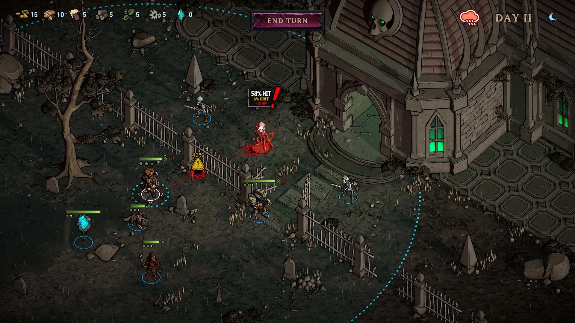 Blightstone: Tactical combat with heroes and skeletons outside a gothic mausoleum in rainy weather.