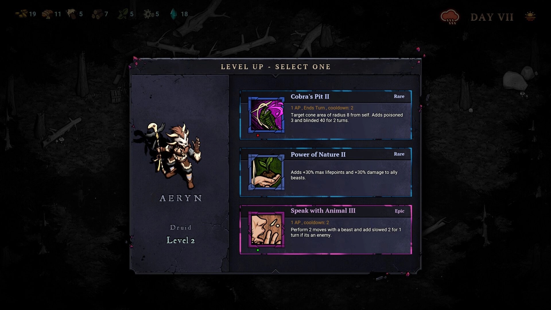 Blightstone: Level up screen with Aeryn the Druid showing skill choices in a dark forest background