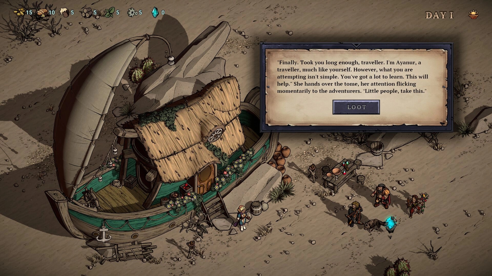 Blightstone: Dialogue with Ayanur near boat house in desert, adventurers and resources visible top left