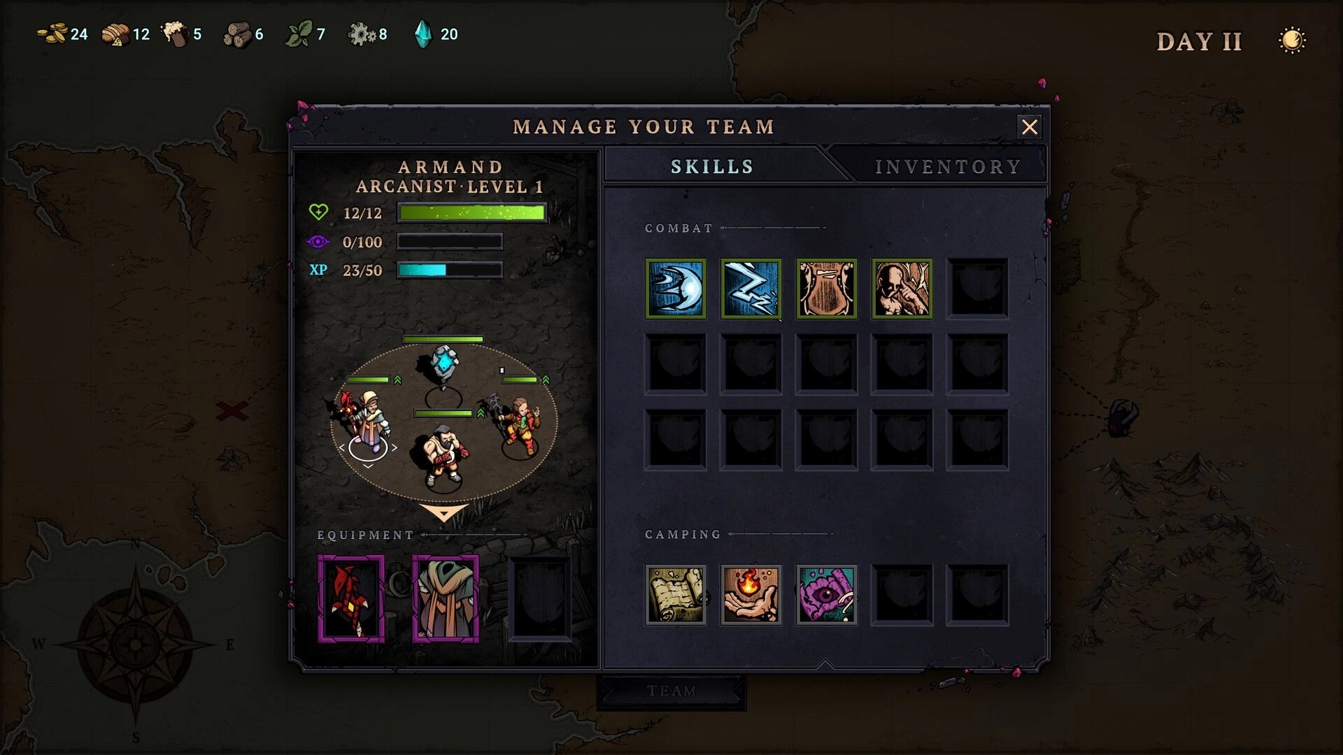 Blightstone: Manage your team screen showing Armand's skills and equipment on a dark map background
