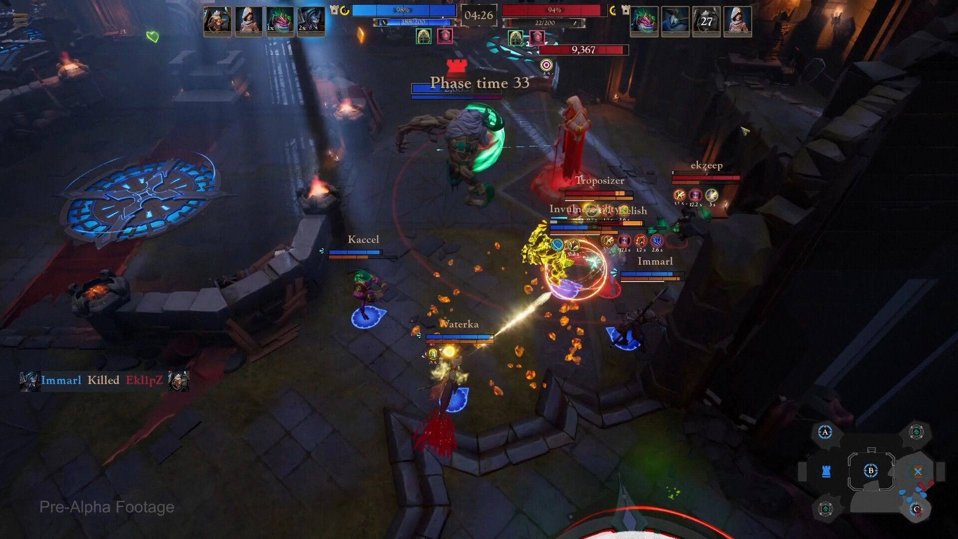 Blightveil: Team fight around a boss with spell effects and health bars in a dark stone arena lane.