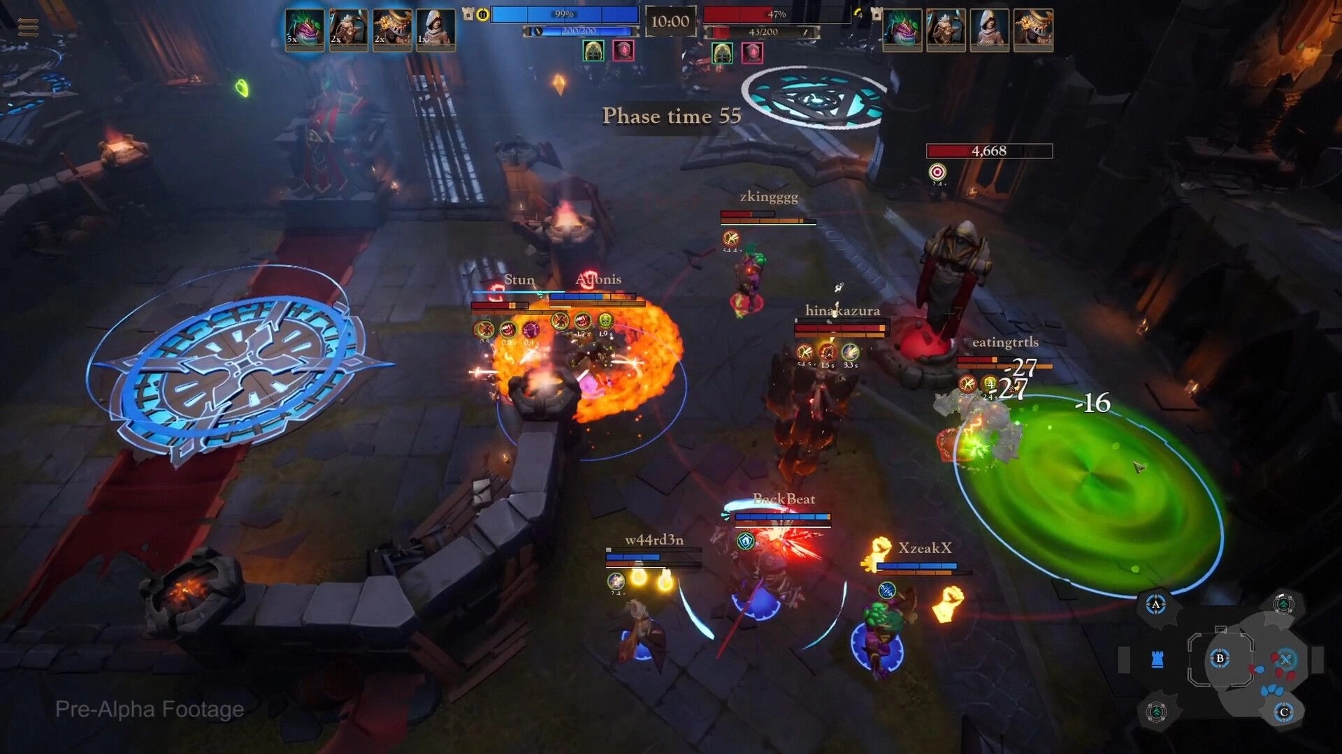 Blightveil: Team fight with stun and AoE circles, phase timer UI in a torchlit stone arena.