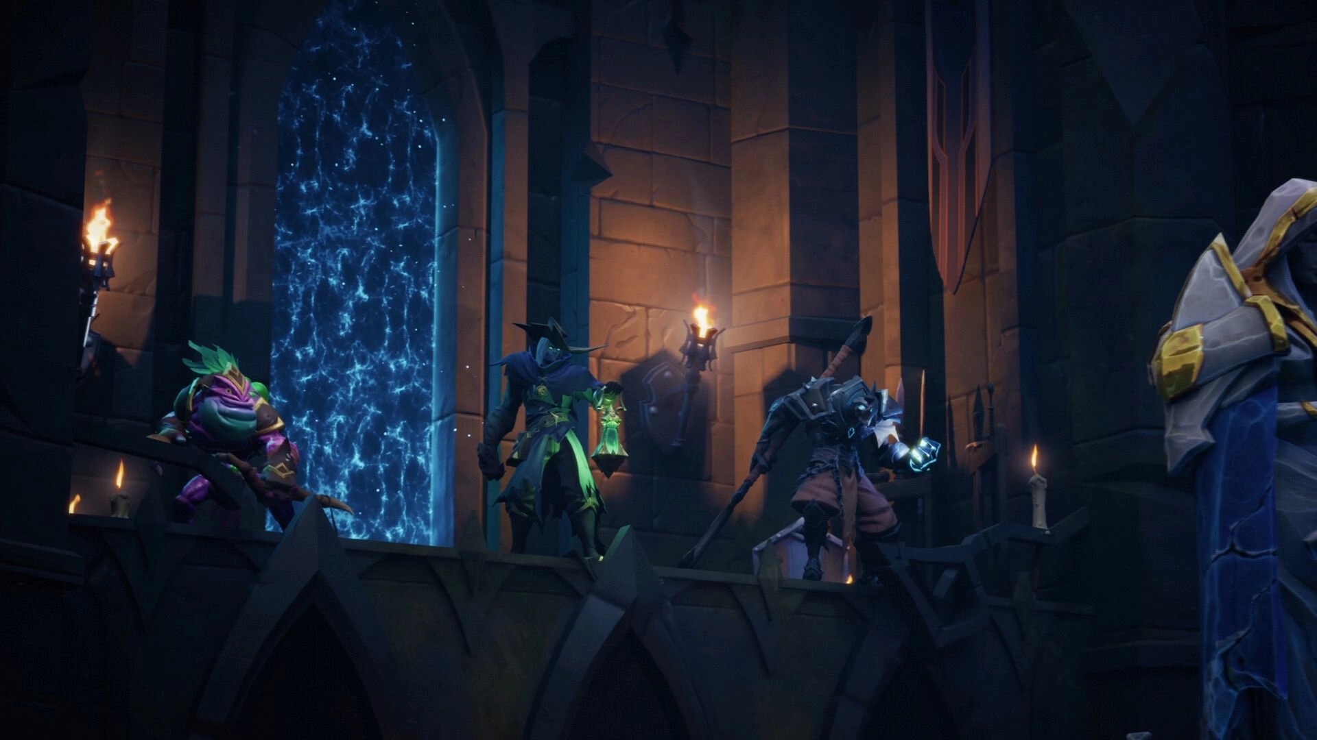 Blightveil: Three heroes regroup by a glowing blue portal inside a torchlit stone dungeon corridor.
