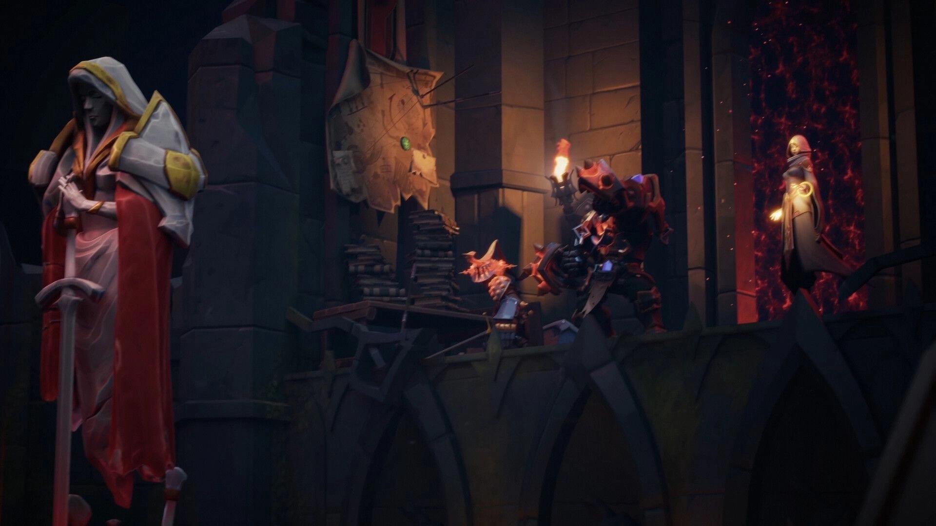 Blightveil: Hooded mage and armored warrior face a glowing portal inside a torchlit stone ruin.