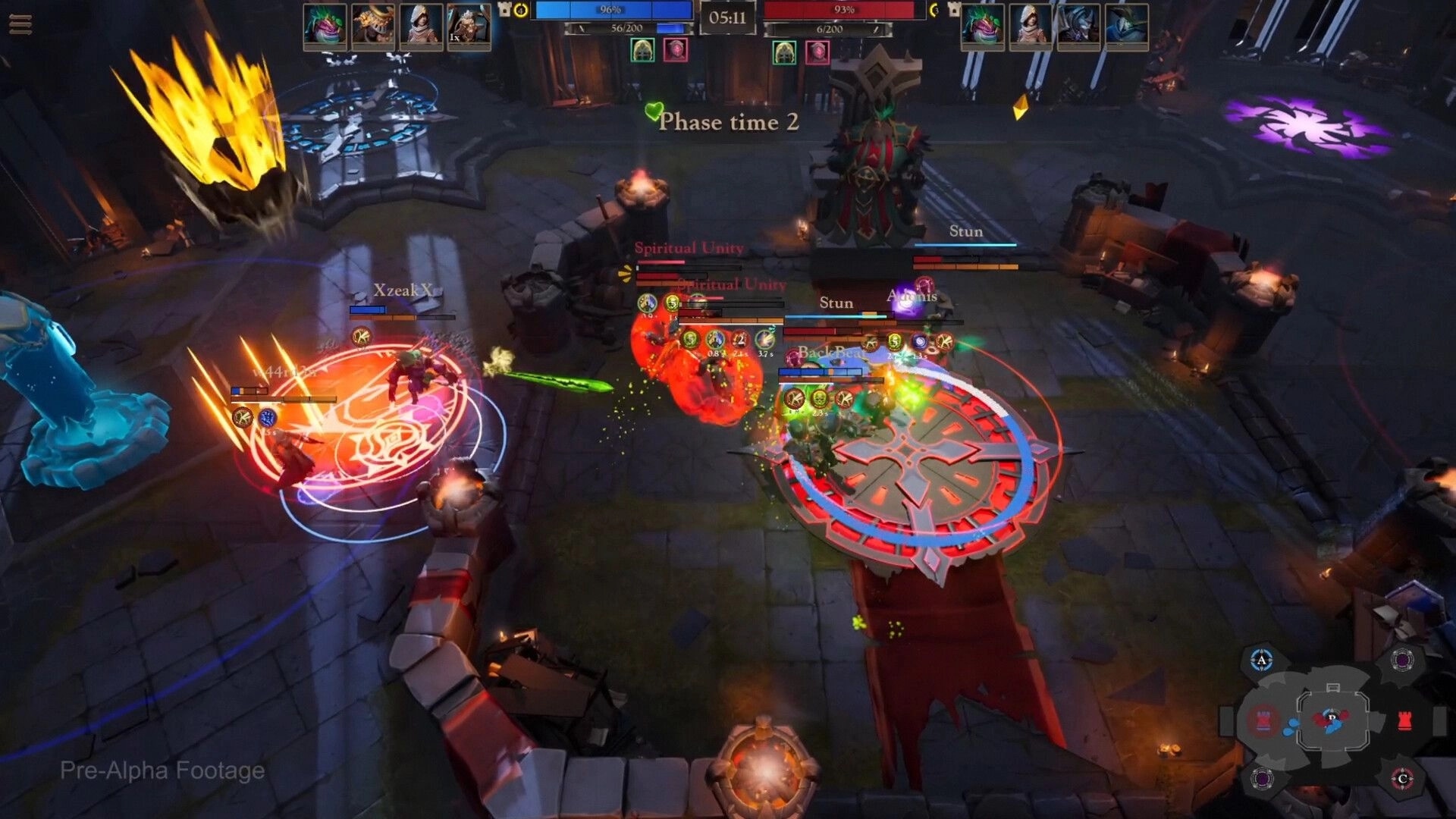 Blightveil: Team fight with stun effects and spell circles in a stone arena with timer and minimap UI.
