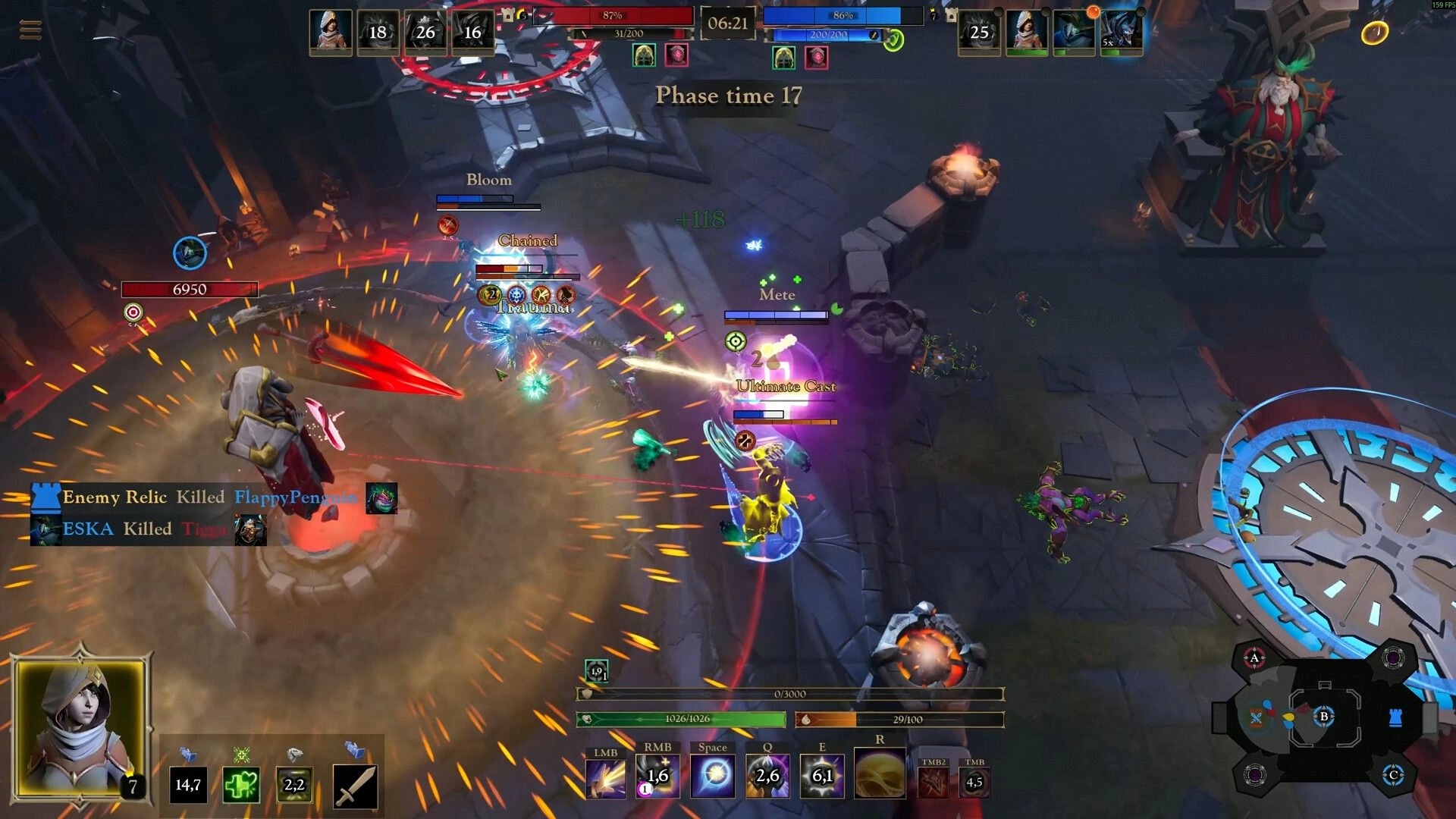 Blightveil: Top-down teamfight with chained enemies and ultimate cast in a stone arena with HUD.