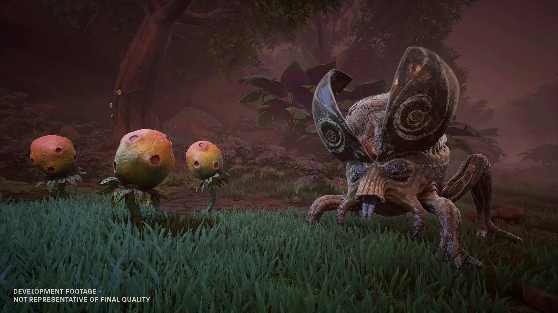 Blind Descent: Alien creature and plant-like beings in dense Martian forest environment