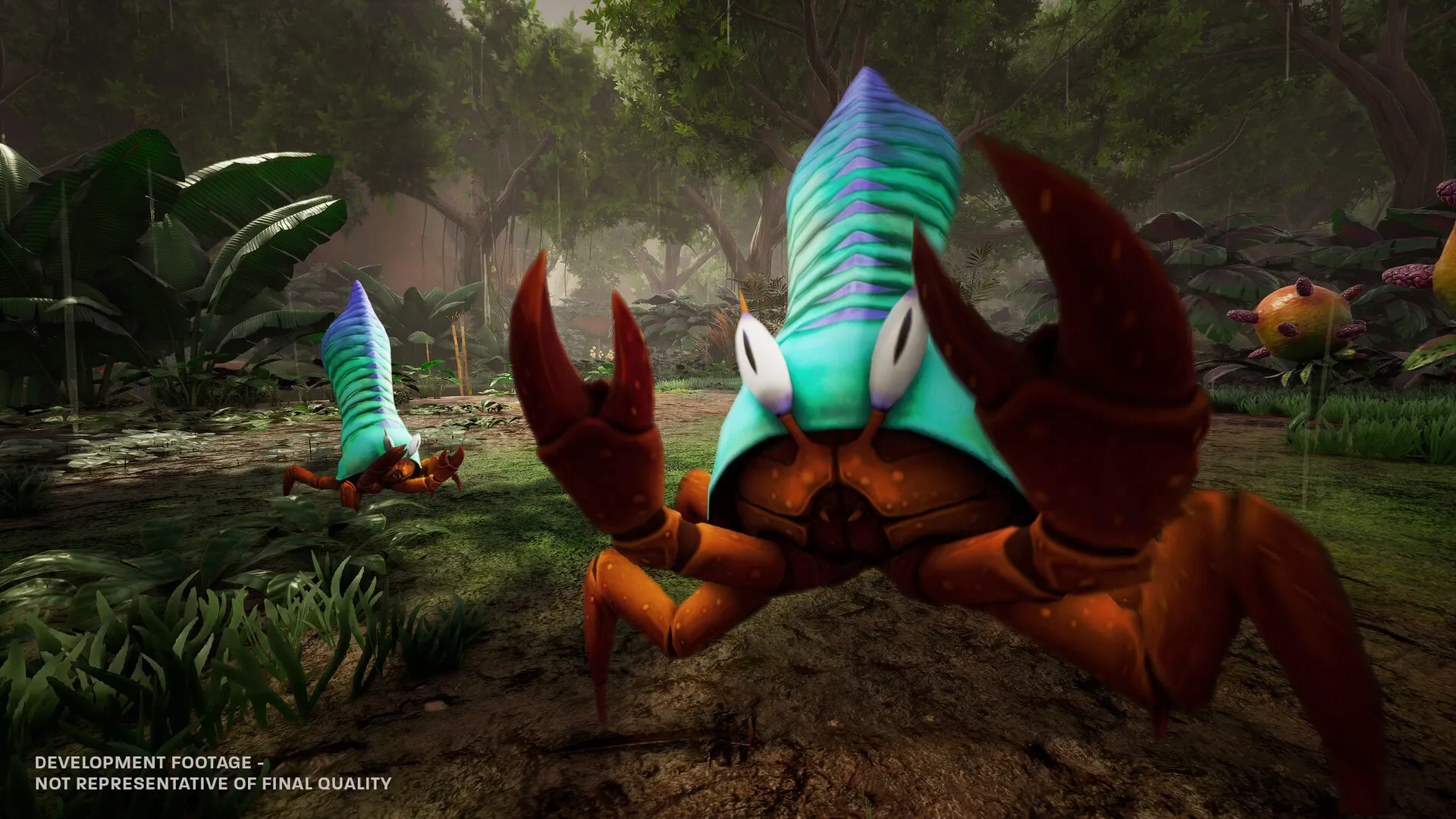 Blind Descent: Alien crab-like creatures roam lush green forest with dense foliage and misty atmosphere.