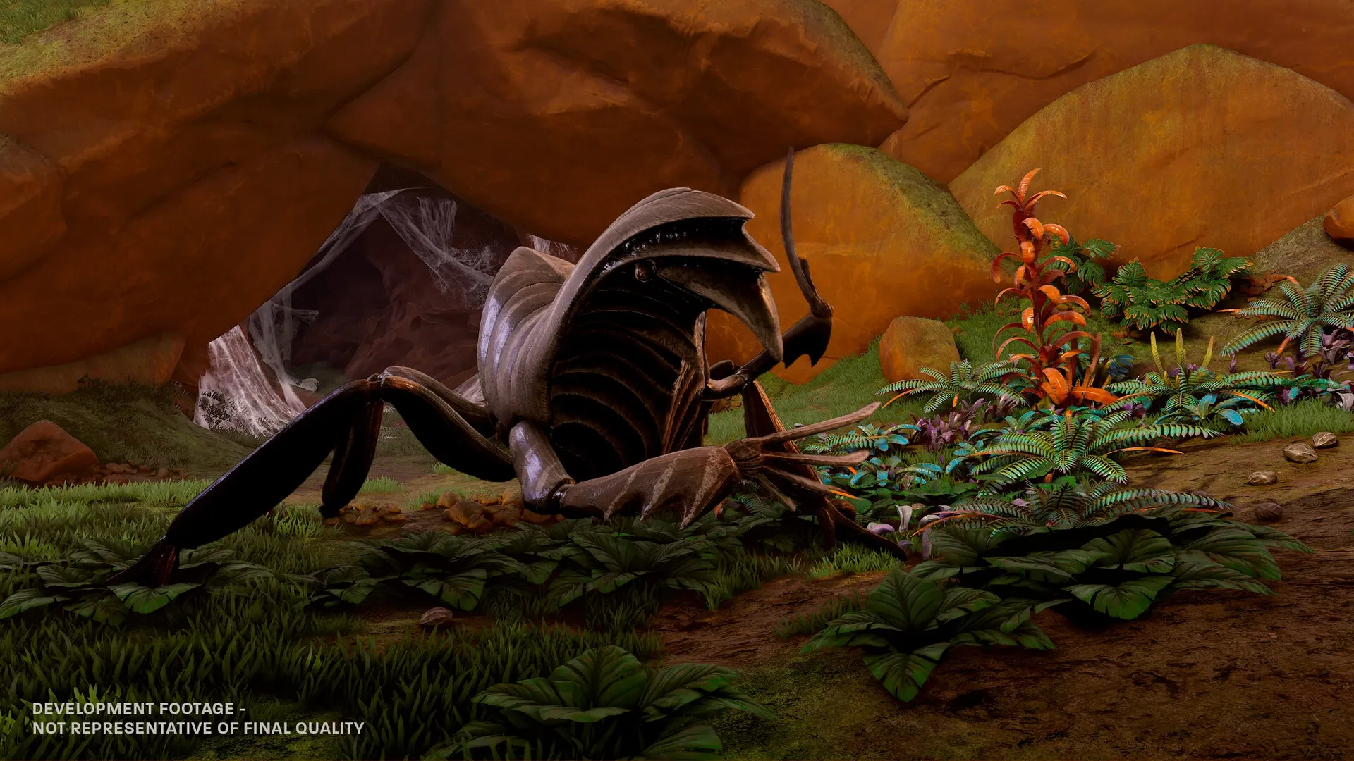 Blind Descent: Giant insect creature guarding cave entrance in lush Martian underground environment.