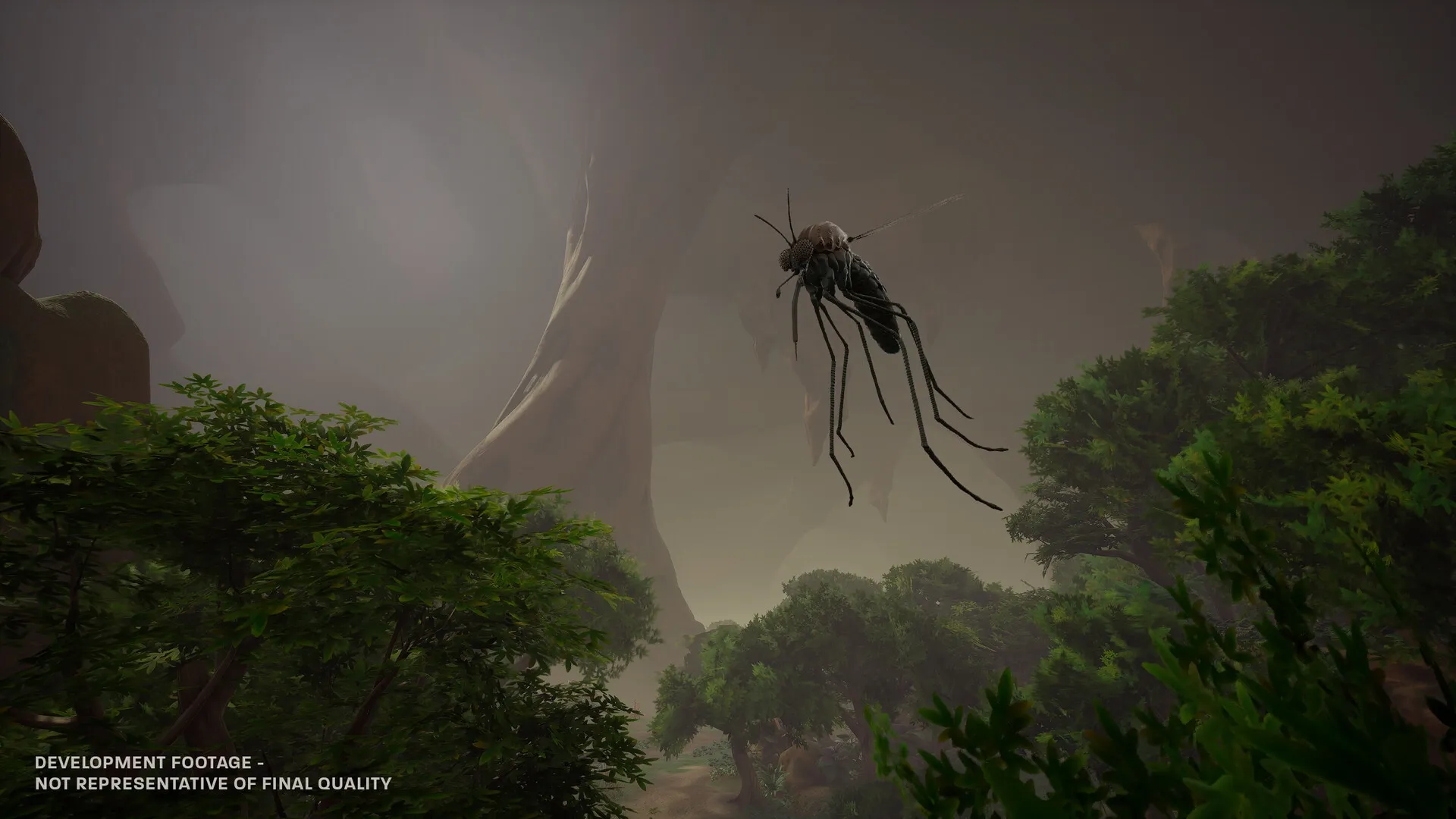 Blind Descent: Giant insect hovers in dense Martian forest under towering rock formations