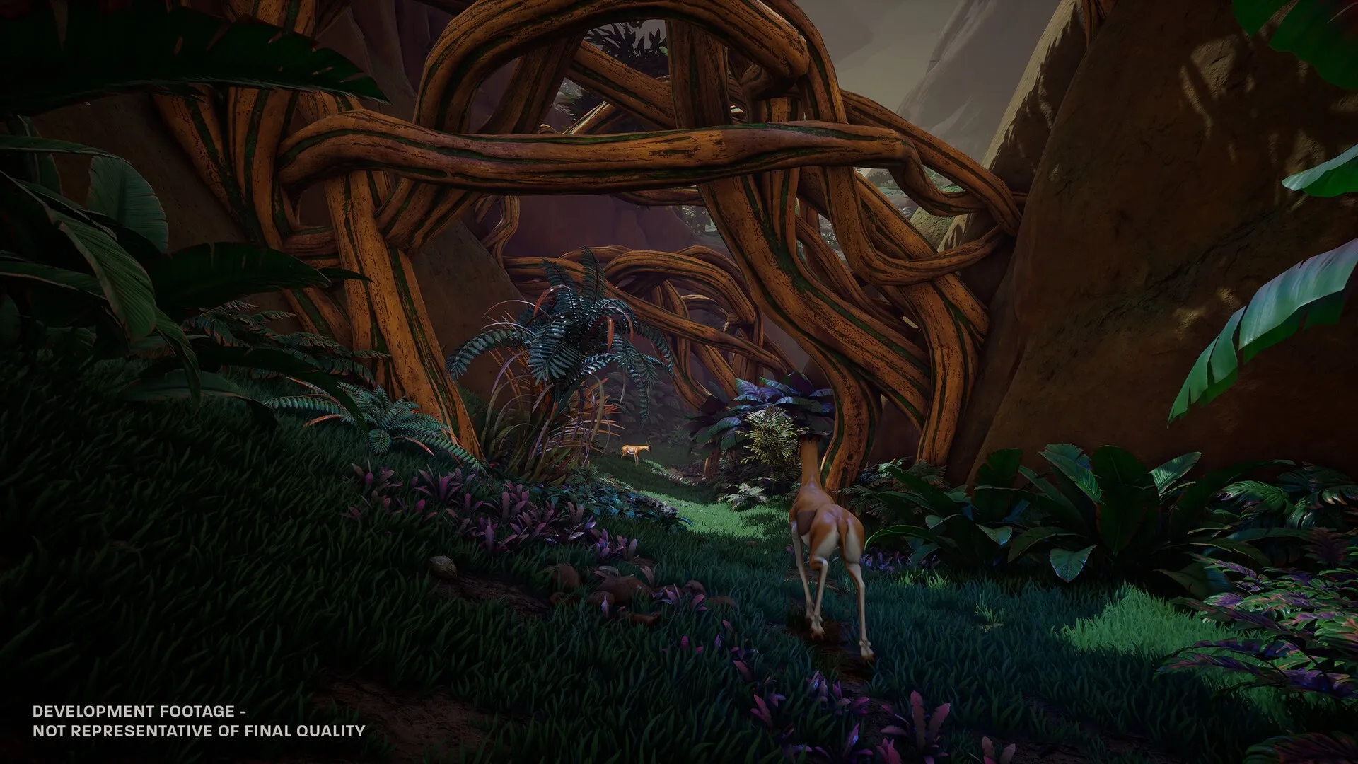 Blind Descent: Creature traverses lush alien undergrowth surrounded by twisted vines and vibrant foliage.