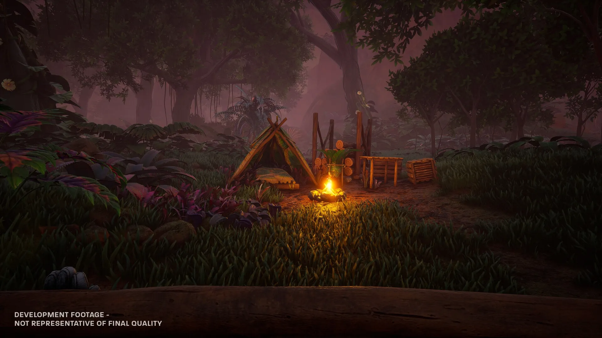 Blind Descent: Small campsite with a glowing campfire in a dense Martian forest environment