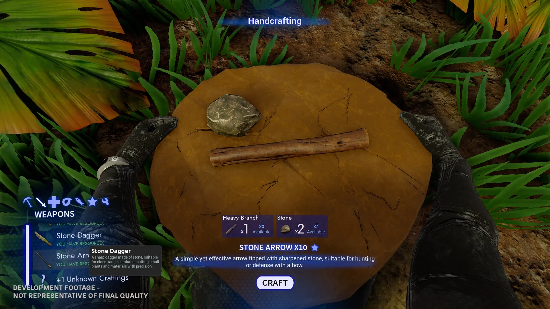 Blind Descent: Handcrafting interface with stone and branch materials on a rock amidst lush vegetation