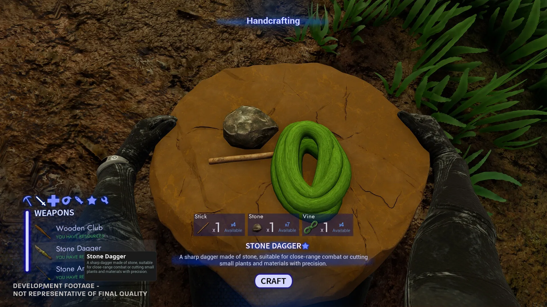 Blind Descent: Handcrafting interface with stone, stick, and vine on Martian terrain for weapon crafting.