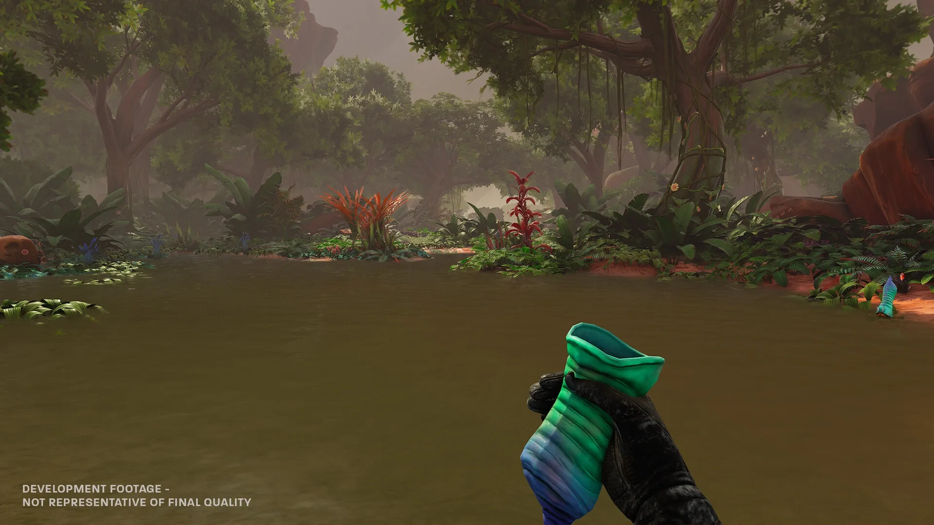 Blind Descent: First-person view holding a colorful object in a lush, alien jungle with dense foliage.