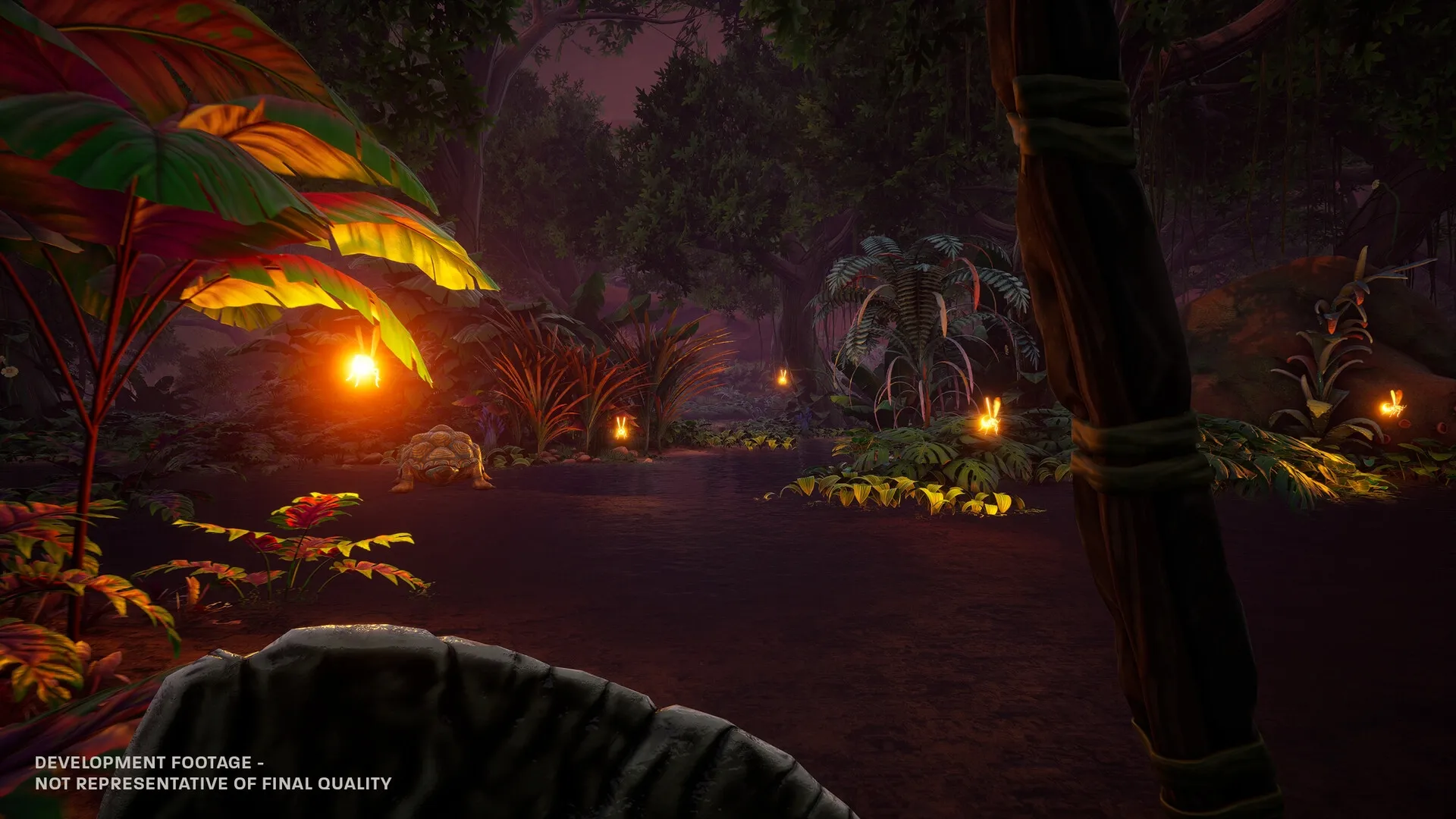 Blind Descent: Torch-lit Martian jungle path with glowing flora and a turtle-like creature visible