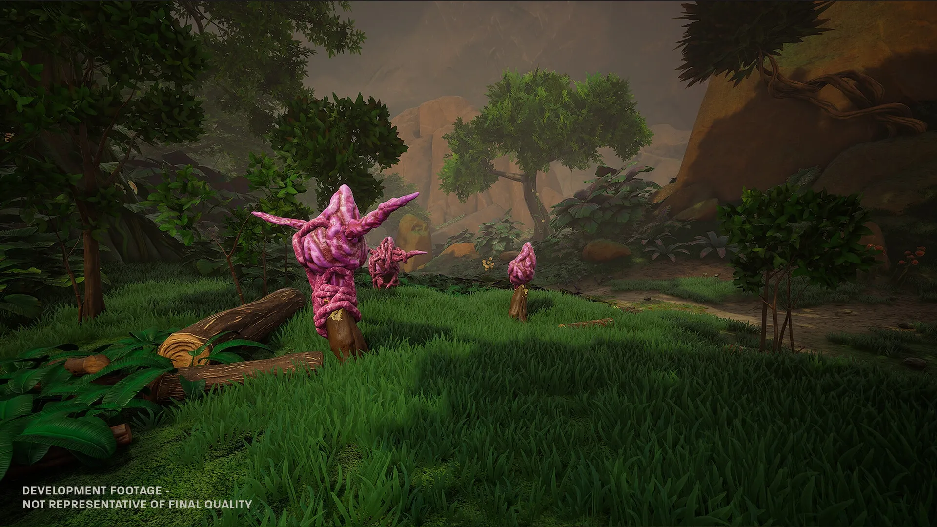 Blind Descent: Alien flora with pink growths in a lush Martian forest clearing with dense vegetation.