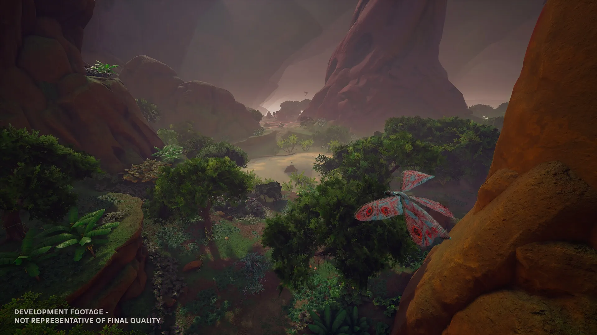 Blind Descent: Lush alien valley with towering cliffs and a large moth-like creature flying near rocks