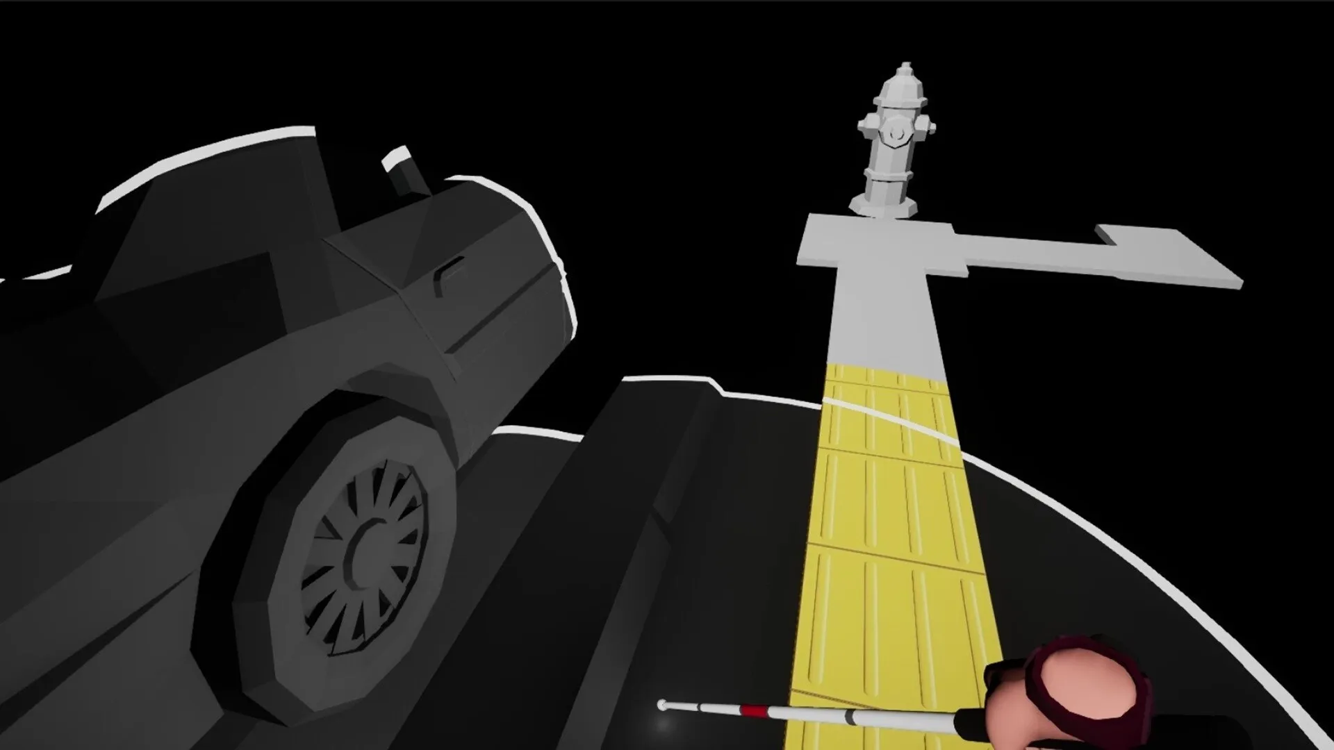 Blind Touch: Navigating sidewalk with guide cane beside parked car and fire hydrant in urban setting