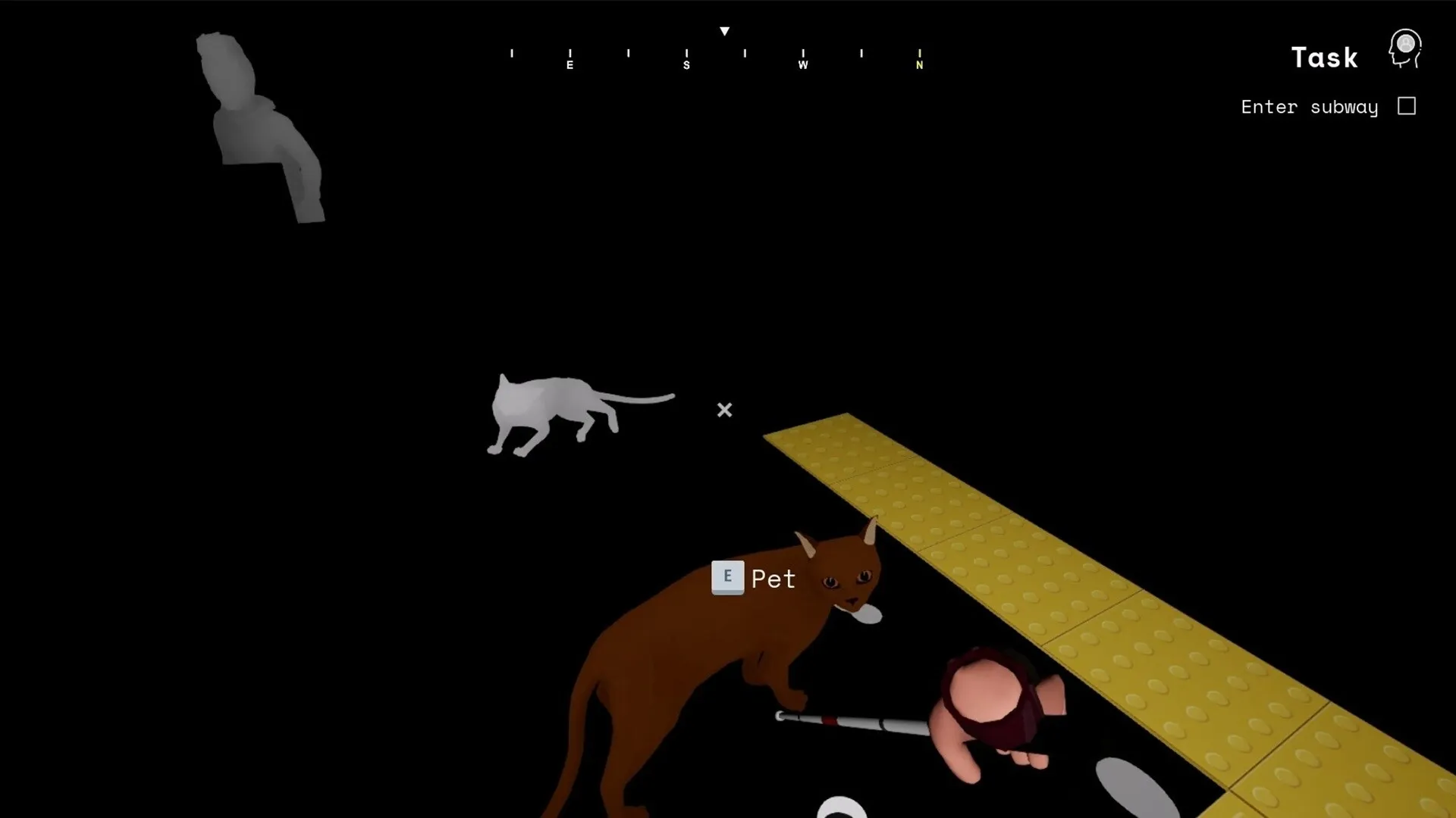 Blind Touch: Guide cane user pets cat near textured subway platform in dark environment
