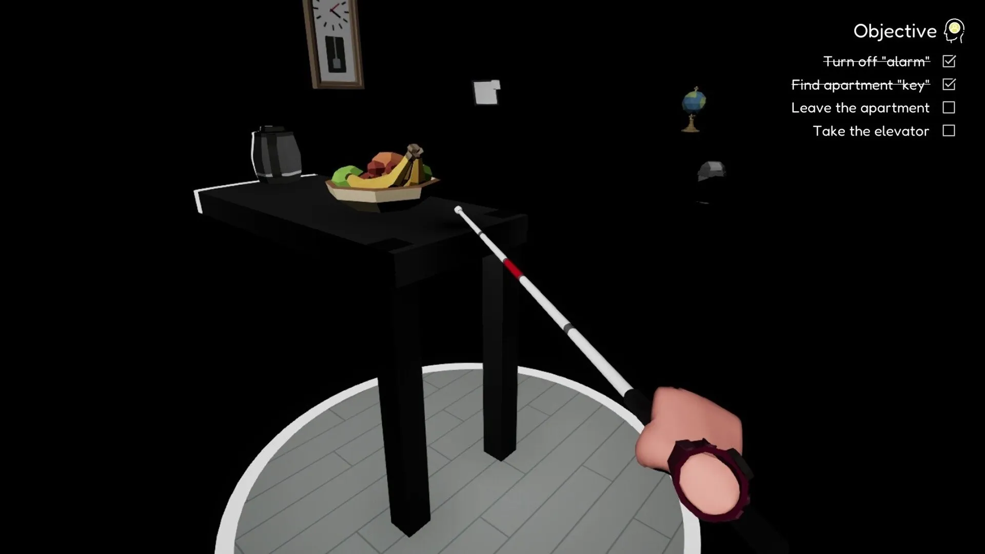 Blind Touch: Using guide cane to locate objects in a dark apartment with objectives listed on the side