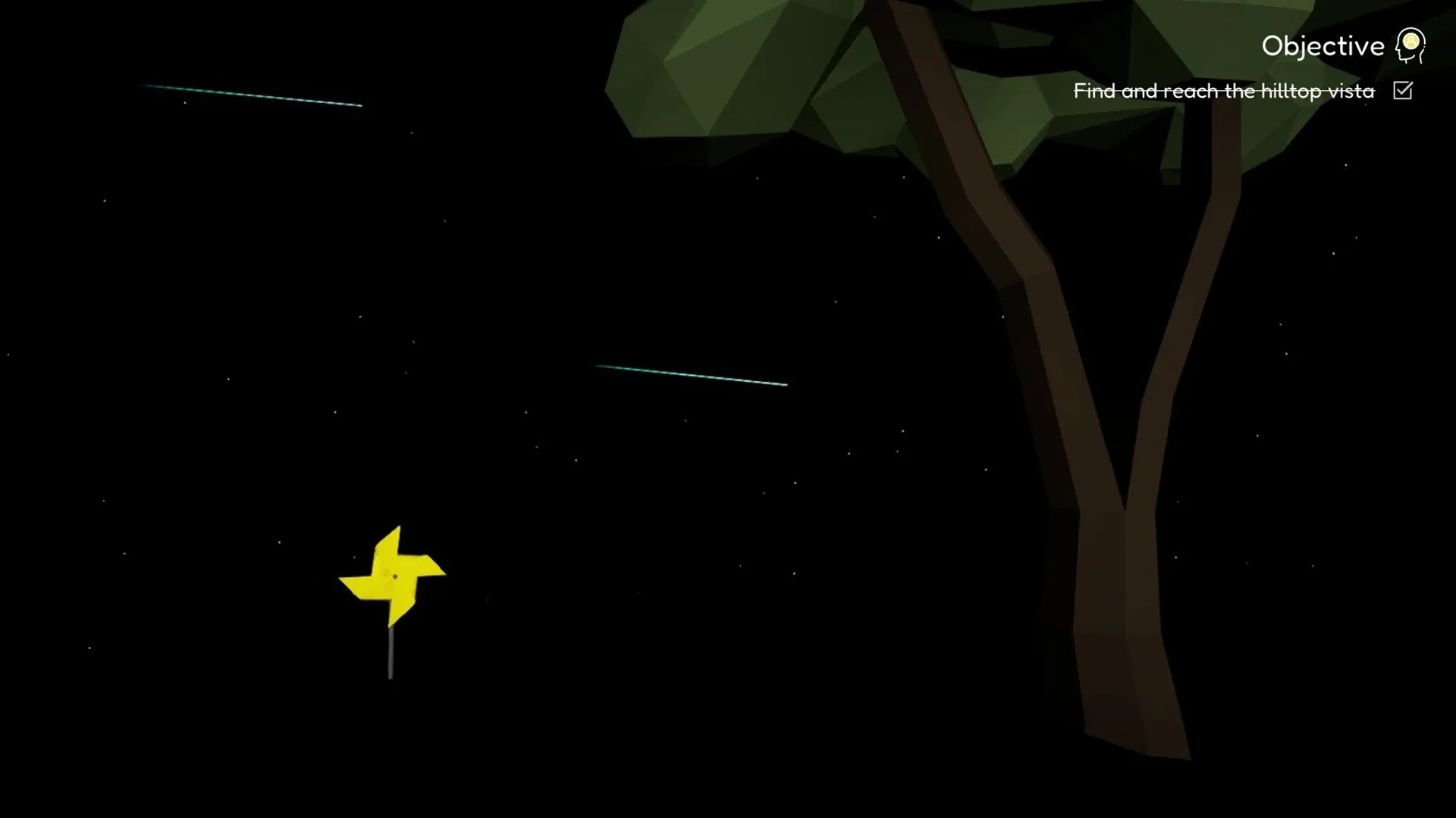 Blind Touch: Navigate dark forest with objective to find and reach hilltop vista, tree and pinwheel visible.