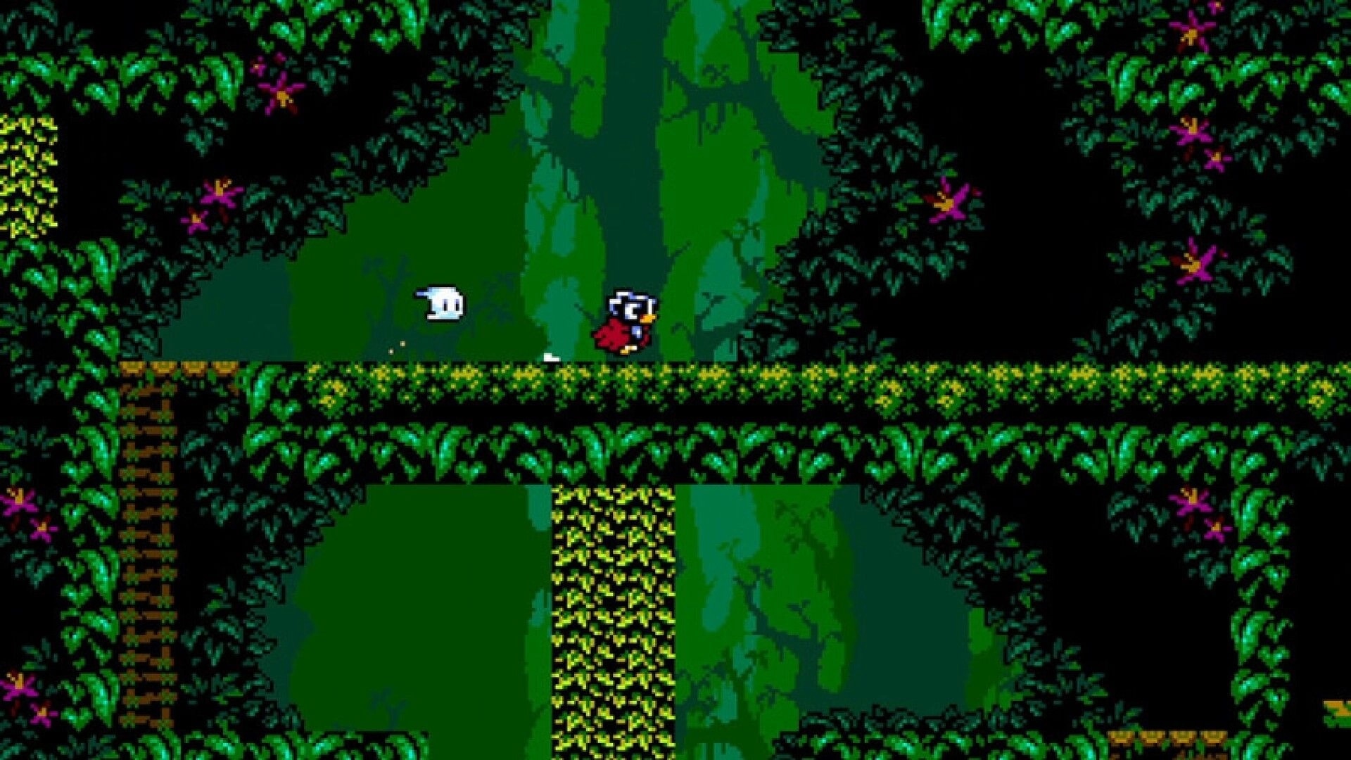 Blinding Lite: Character in red cape navigating dense jungle platform with lush green foliage